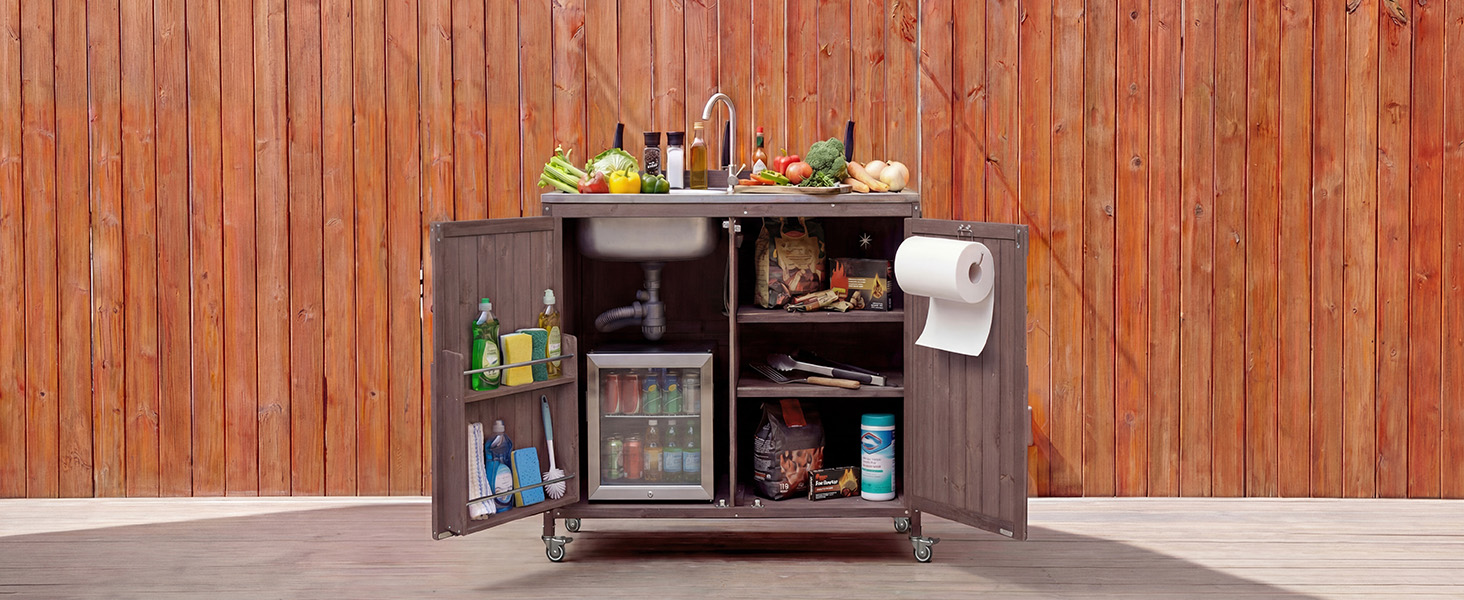 K&K 39.4" Outdoor Kitchen Island with Sink, Outdoor Kitchen Sink Station w/ 304 Stainless Steel Sink, Hose Hook Up & Faucet, Outdoor Kitchen Cabinet w/ Back Splash & 4 Wheels for Pizza Prep,Dark Brown - Image 2