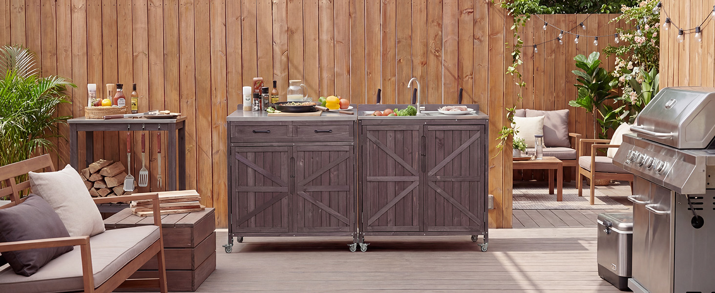K&K 39.4" Outdoor Kitchen Island with Sink, Outdoor Kitchen Sink Station w/ 304 Stainless Steel Sink, Hose Hook Up & Faucet, Outdoor Kitchen Cabinet w/ Back Splash & 4 Wheels for Pizza Prep,Dark Brown - Image 3