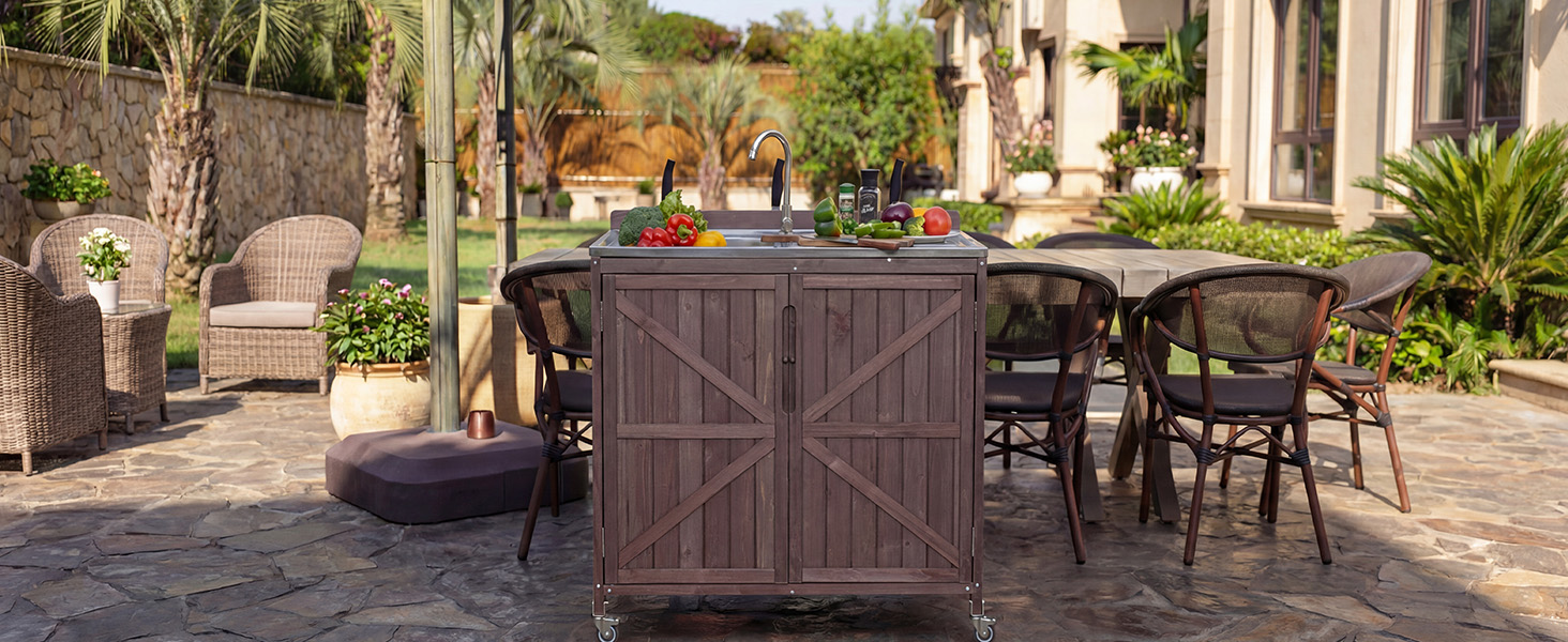 K&K 39.4" Outdoor Kitchen Island with Sink, Outdoor Kitchen Sink Station w/ 304 Stainless Steel Sink, Hose Hook Up & Faucet, Outdoor Kitchen Cabinet w/ Back Splash & 4 Wheels for Pizza Prep,Dark Brown - Image 4
