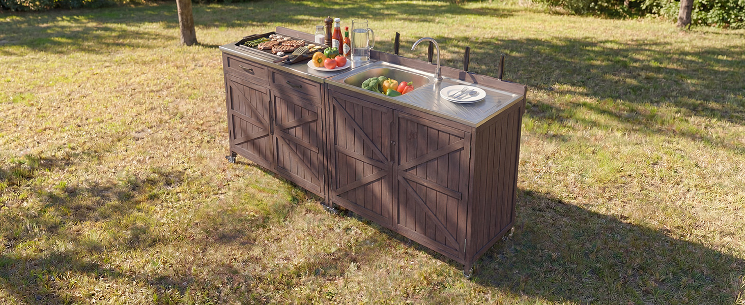 K&K 39.4" Outdoor Kitchen Island with Sink, Outdoor Kitchen Sink Station w/ 304 Stainless Steel Sink, Hose Hook Up & Faucet, Outdoor Kitchen Cabinet w/ Back Splash & 4 Wheels for Pizza Prep,Dark Brown - Image 5
