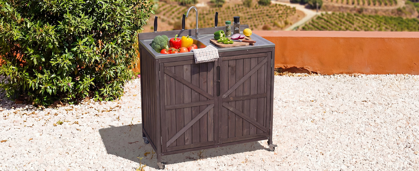 K&K 39.4" Outdoor Kitchen Island with Sink, Outdoor Kitchen Sink Station w/ 304 Stainless Steel Sink, Hose Hook Up & Faucet, Outdoor Kitchen Cabinet w/ Back Splash & 4 Wheels for Pizza Prep,Dark Brown - Image 6