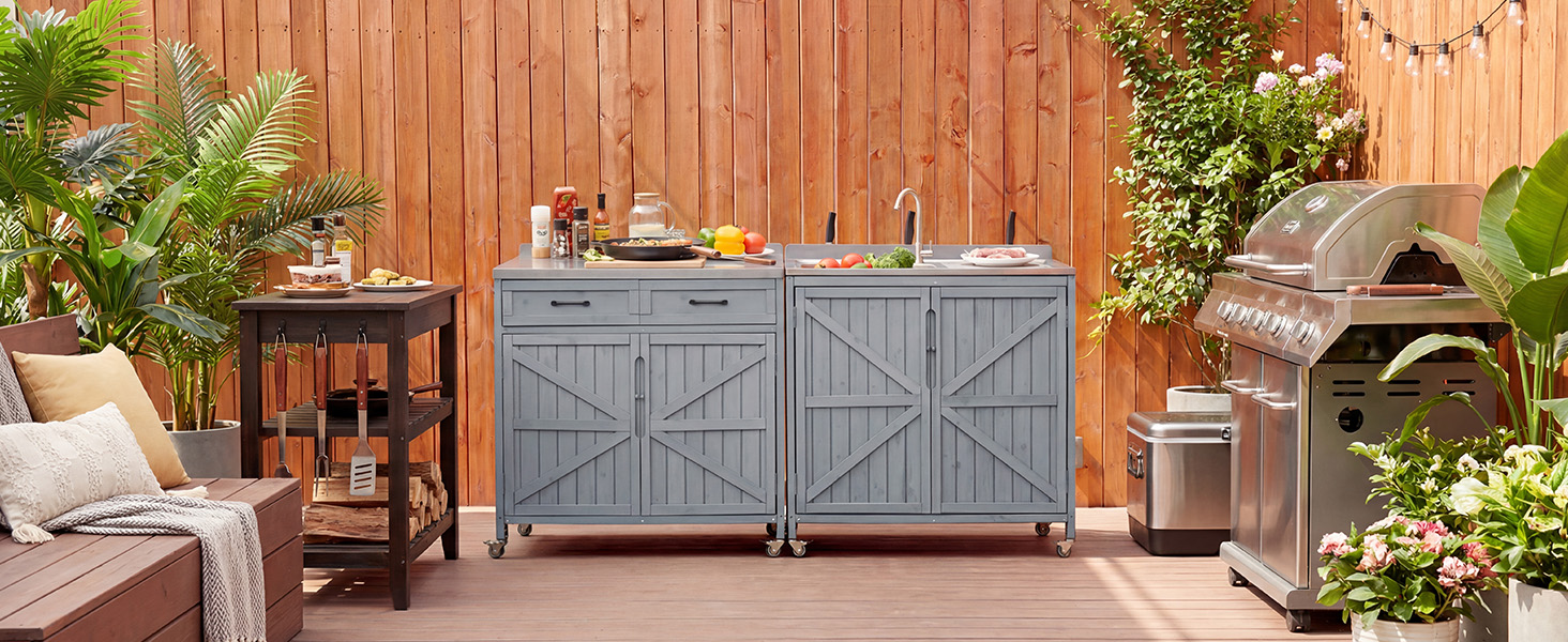 K&K 39.4" Outdoor Kitchen Island with Sink, Outdoor Kitchen Sink Station w/ 304 Stainless Steel Sink, Hose Hook Up & Faucet, Outdoor Kitchen Cabinet w/ Back Splash & 4 Wheels for Pizza Prep,Grey Blue - Image 2