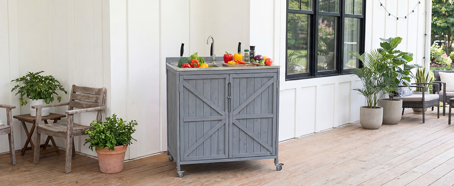 K&K 39.4" Outdoor Kitchen Island with Sink, Outdoor Kitchen Sink Station w/ 304 Stainless Steel Sink, Hose Hook Up & Faucet, Outdoor Kitchen Cabinet w/ Back Splash & 4 Wheels for Pizza Prep,Grey Blue - Image 3