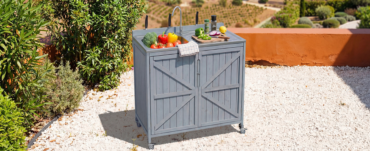 K&K 39.4" Outdoor Kitchen Island with Sink, Outdoor Kitchen Sink Station w/ 304 Stainless Steel Sink, Hose Hook Up & Faucet, Outdoor Kitchen Cabinet w/ Back Splash & 4 Wheels for Pizza Prep,Grey Blue - Image 5