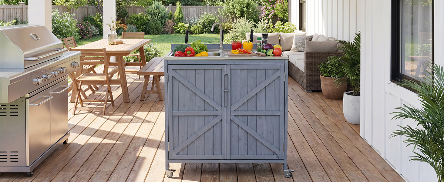 K&K 39.4" Outdoor Kitchen Island with Sink, Outdoor Kitchen Sink Station w/ 304 Stainless Steel Sink, Hose Hook Up & Faucet, Outdoor Kitchen Cabinet w/ Back Splash & 4 Wheels for Pizza Prep,Grey Blue - Image 4