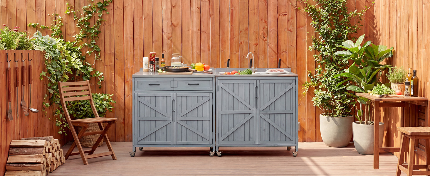 K&K 39.4" Outdoor Kitchen Island with Sink, Outdoor Kitchen Sink Station w/ 304 Stainless Steel Sink, Hose Hook Up & Faucet, Outdoor Kitchen Cabinet w/ Back Splash & 4 Wheels for Pizza Prep,Grey Blue - Image 6
