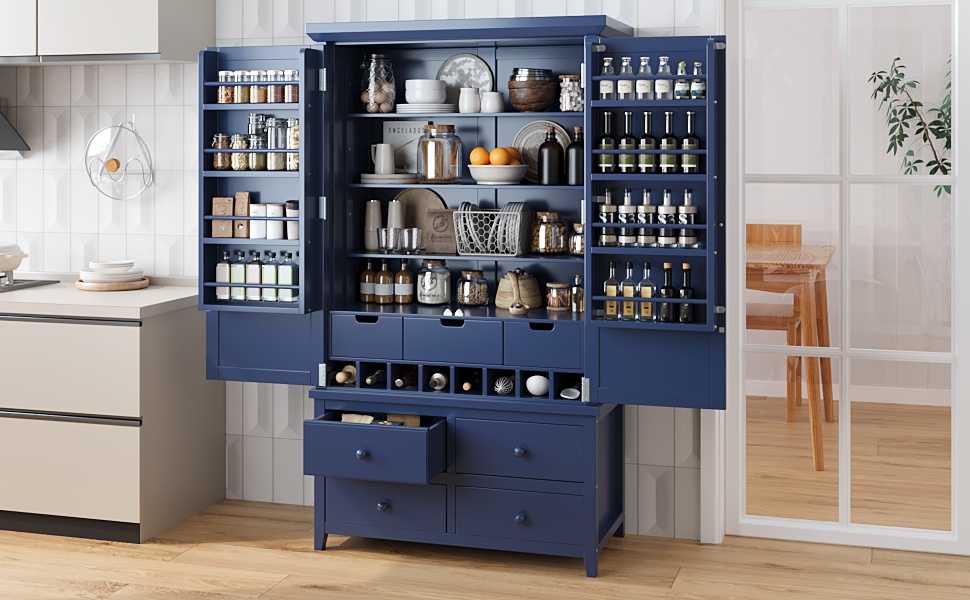[Assembly&Show Video Available] TOPMAX Freestanding Large Kitchen Pantry Wooden Kitchen Storage Cabinet Cupboard with 8 Door Shelves,3 Adjustable Shelves,7 Drawers& 8 Wine Racks, Blue - Image 2