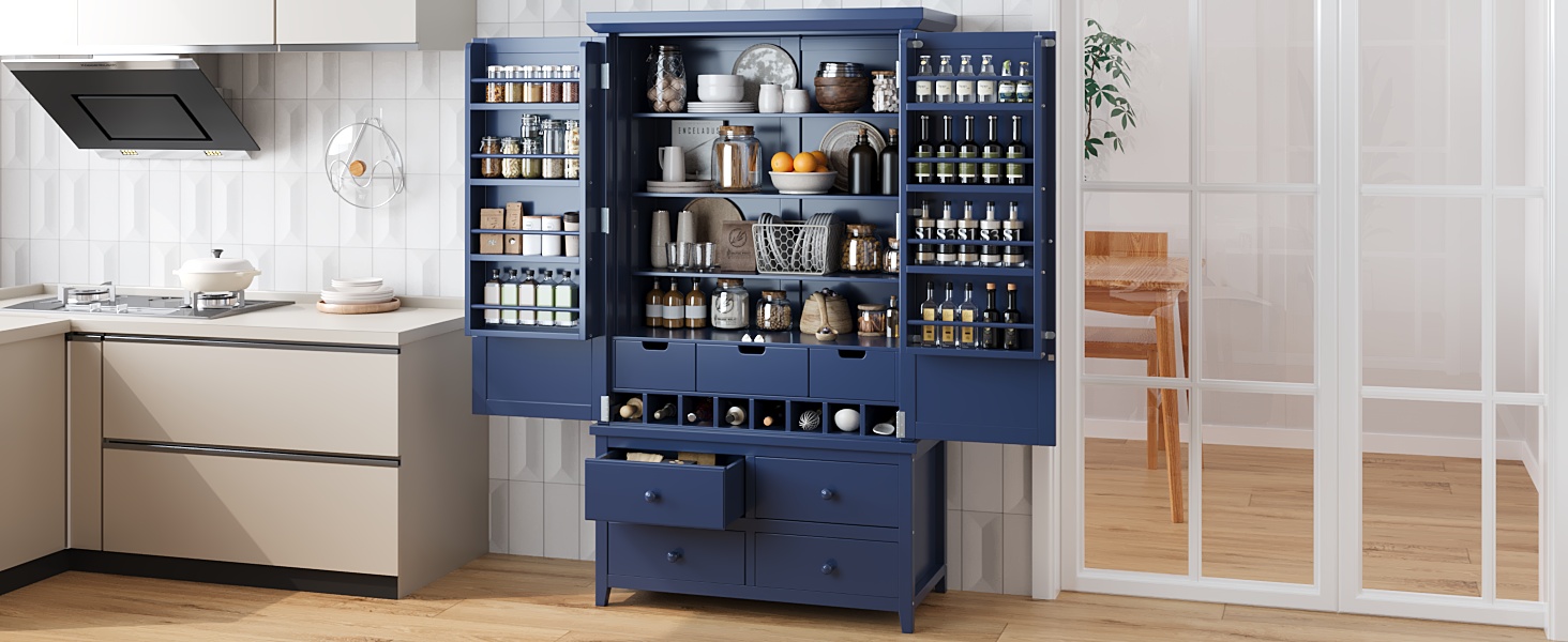 [Assembly&Show Video Available] TOPMAX Freestanding Large Kitchen Pantry Wooden Kitchen Storage Cabinet Cupboard with 8 Door Shelves,3 Adjustable Shelves,7 Drawers& 8 Wine Racks, Blue - Image 3