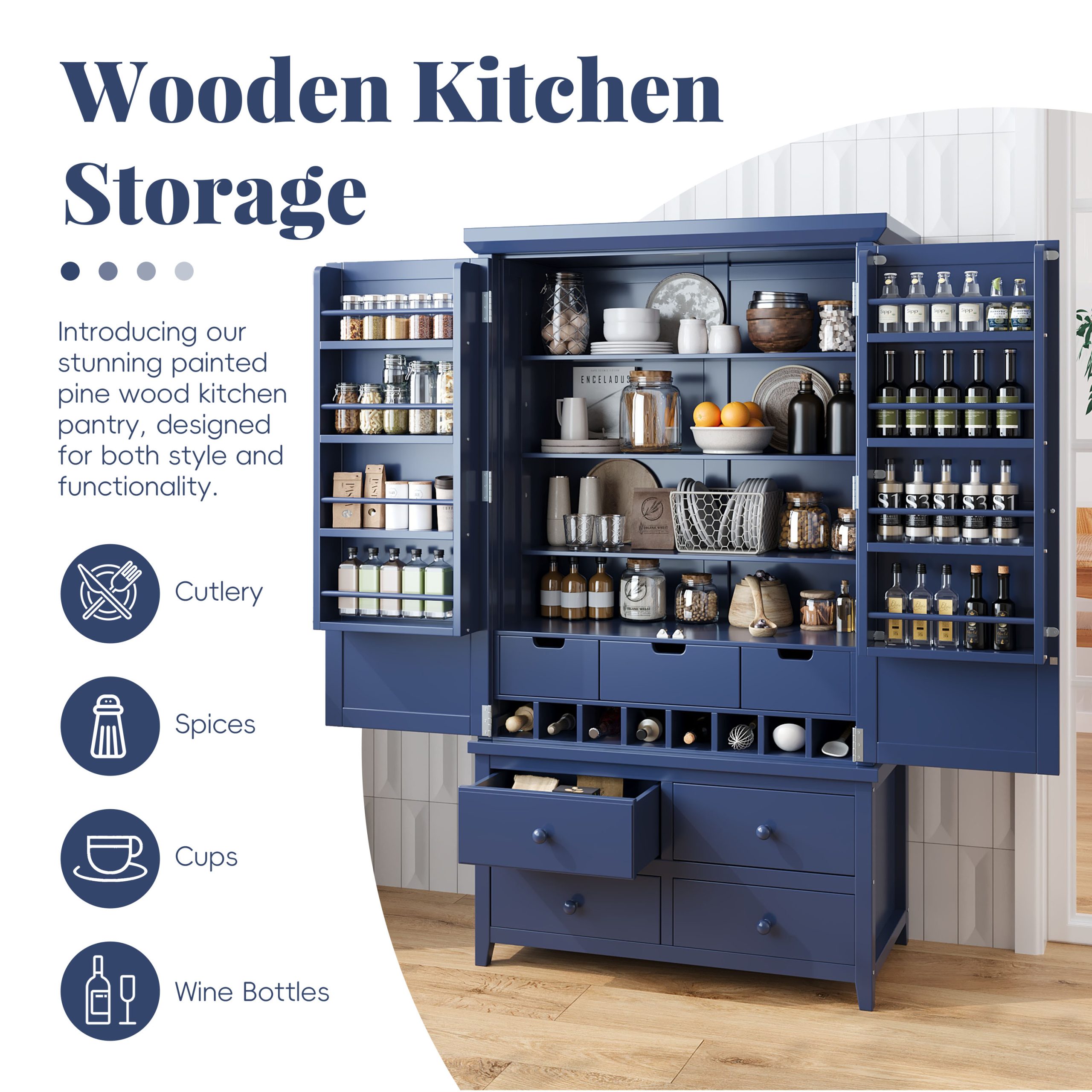 [Assembly&Show Video Available] TOPMAX Freestanding Large Kitchen Pantry Wooden Kitchen Storage Cabinet Cupboard with 8 Door Shelves,3 Adjustable Shelves,7 Drawers& 8 Wine Racks, Blue - Image 4