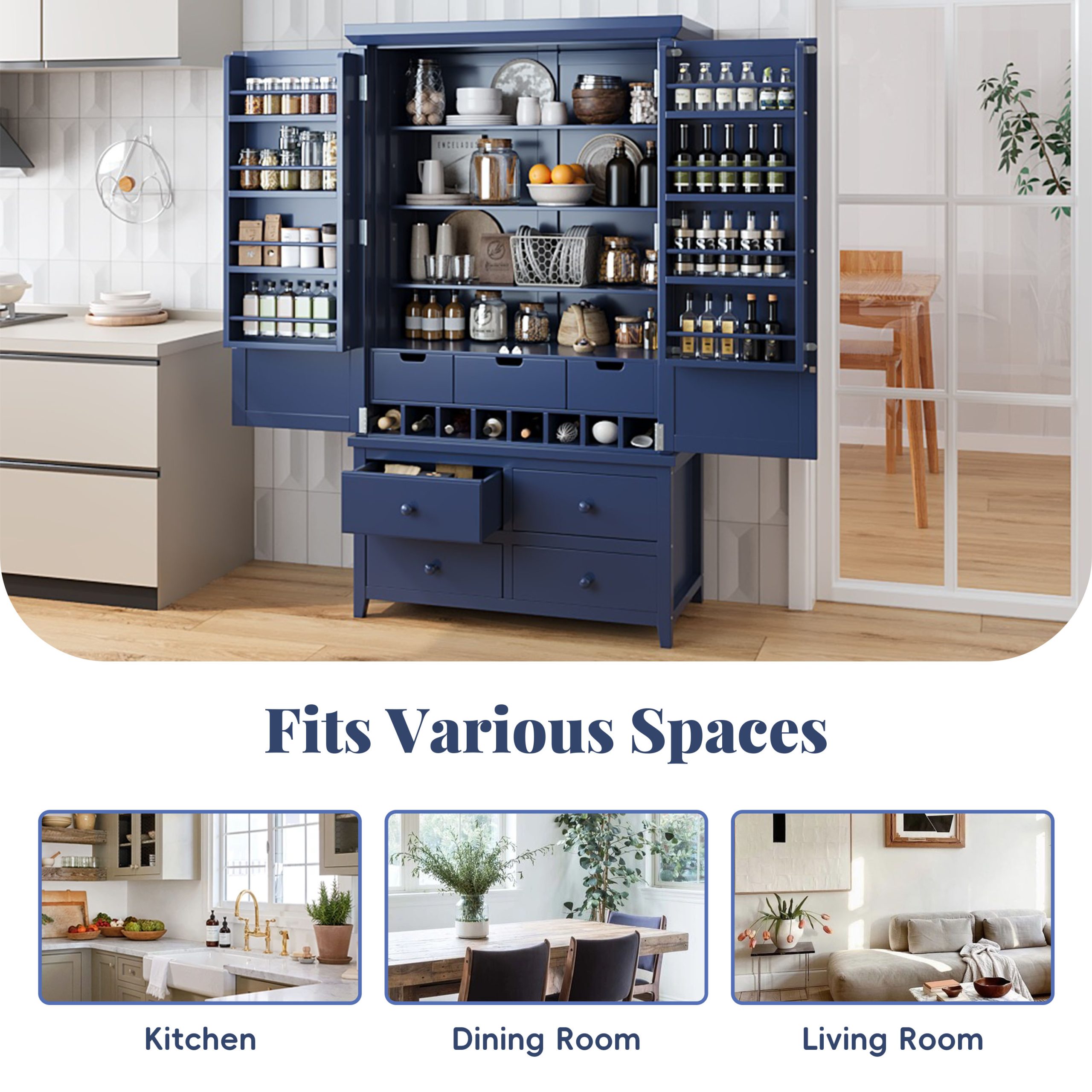 [Assembly&Show Video Available] TOPMAX Freestanding Large Kitchen Pantry Wooden Kitchen Storage Cabinet Cupboard with 8 Door Shelves,3 Adjustable Shelves,7 Drawers& 8 Wine Racks, Blue - Image 5