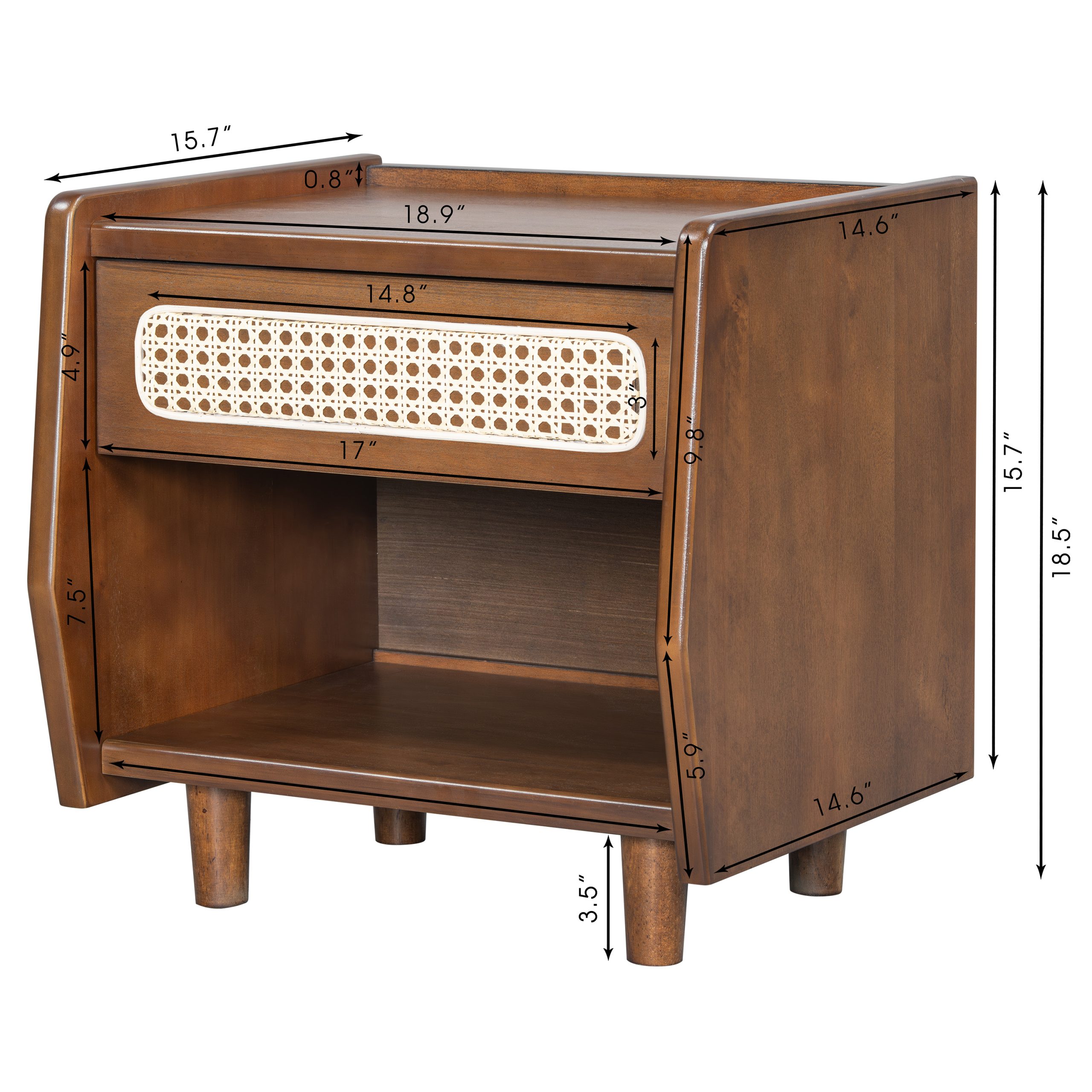 Walnut Nightstand with Rattan Detail, MDF + Solid Wood, Modern Bedroom Storage, Open Shelf & Drawer, Indoor Furniture - Image 2