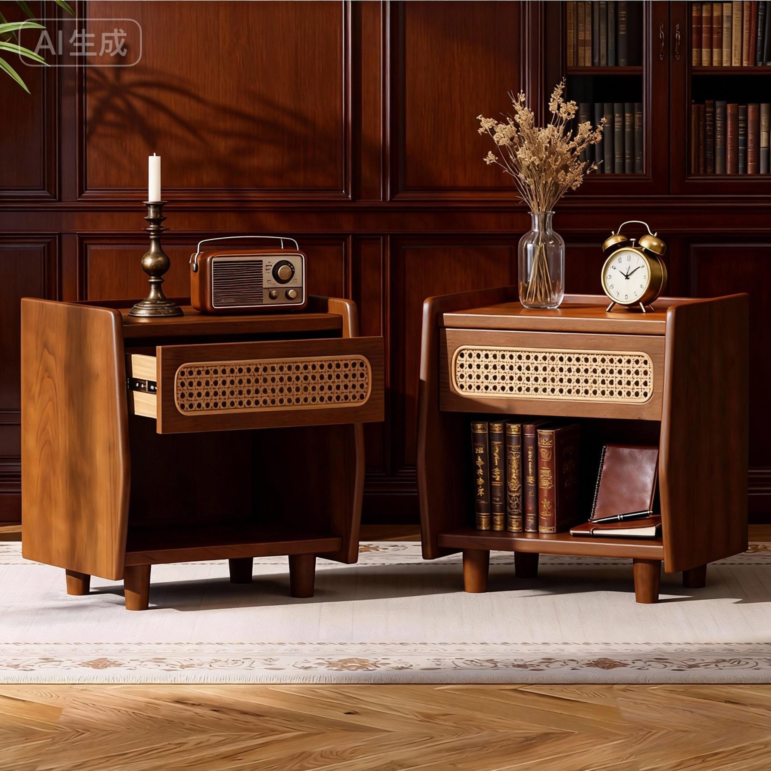 Walnut Nightstand with Rattan Detail, MDF + Solid Wood, Modern Bedroom Storage, Open Shelf & Drawer, Indoor Furniture - Image 3