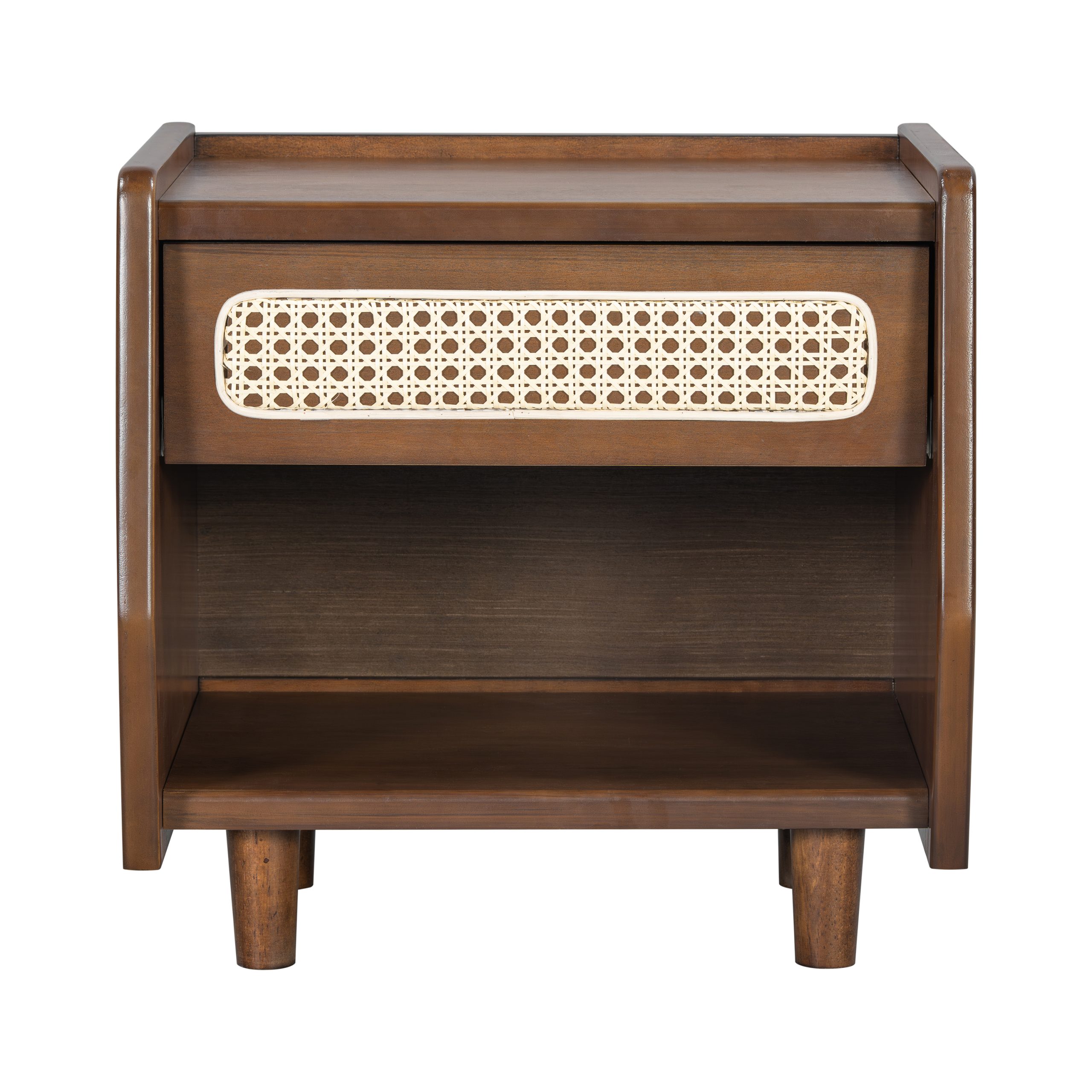 Walnut Nightstand with Rattan Detail, MDF + Solid Wood, Modern Bedroom Storage, Open Shelf & Drawer, Indoor Furniture - Image 4