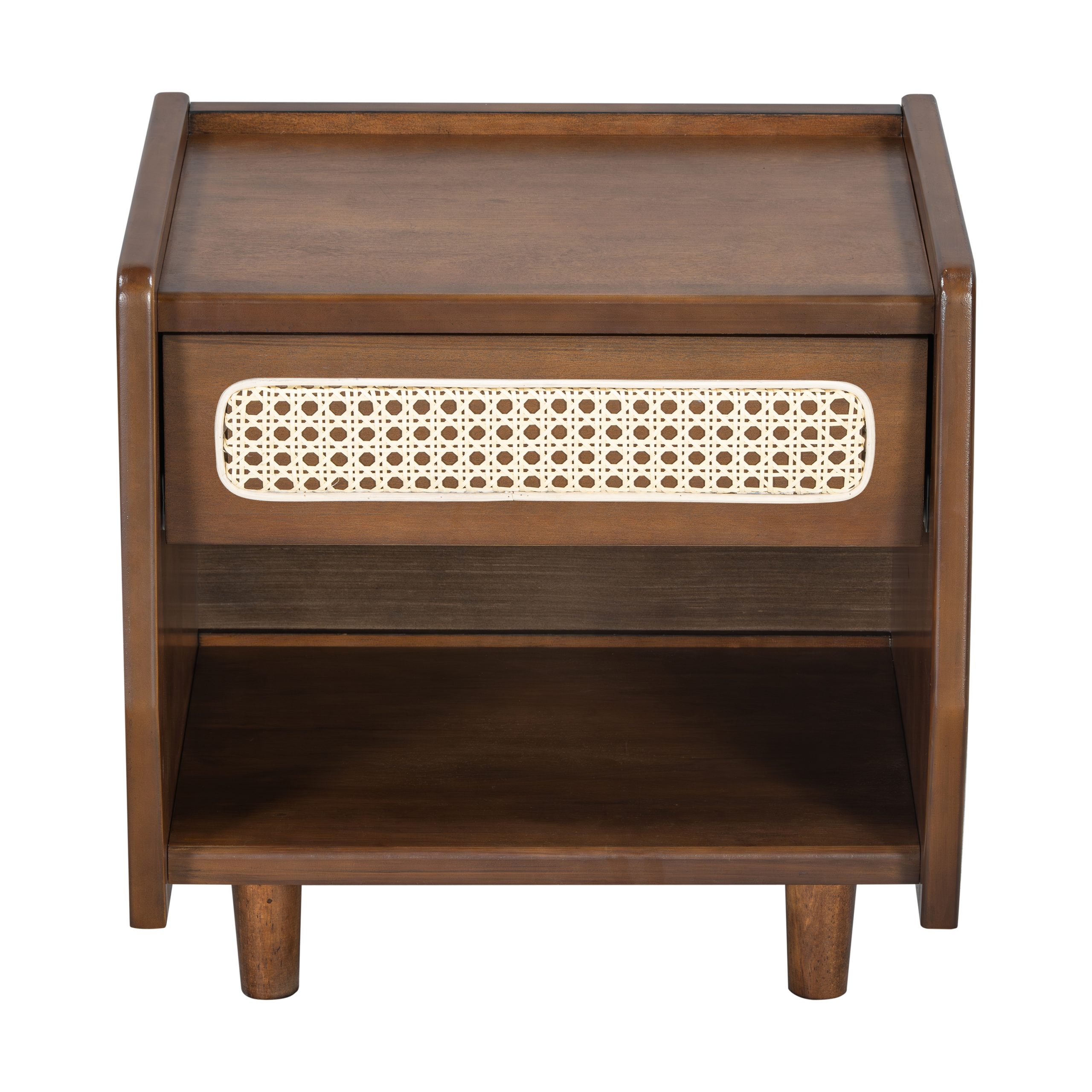 Walnut Nightstand with Rattan Detail, MDF + Solid Wood, Modern Bedroom Storage, Open Shelf & Drawer, Indoor Furniture - Image 5