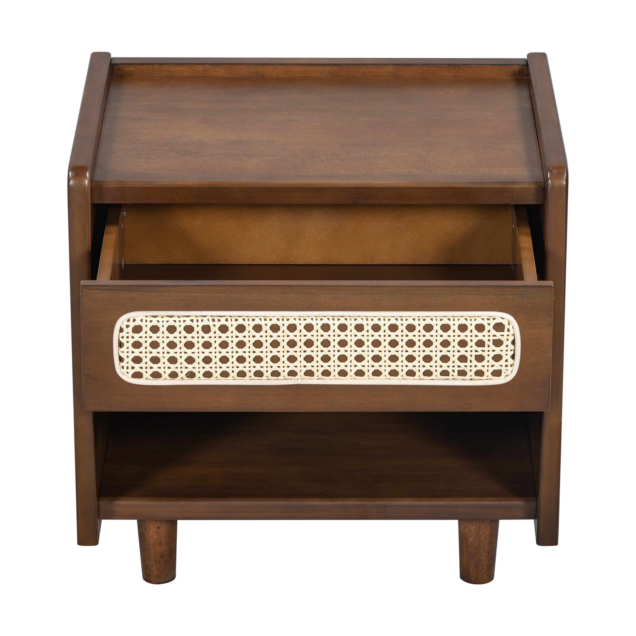 Walnut Nightstand with Rattan Detail, MDF + Solid Wood, Modern Bedroom Storage, Open Shelf & Drawer, Indoor Furniture - Image 6