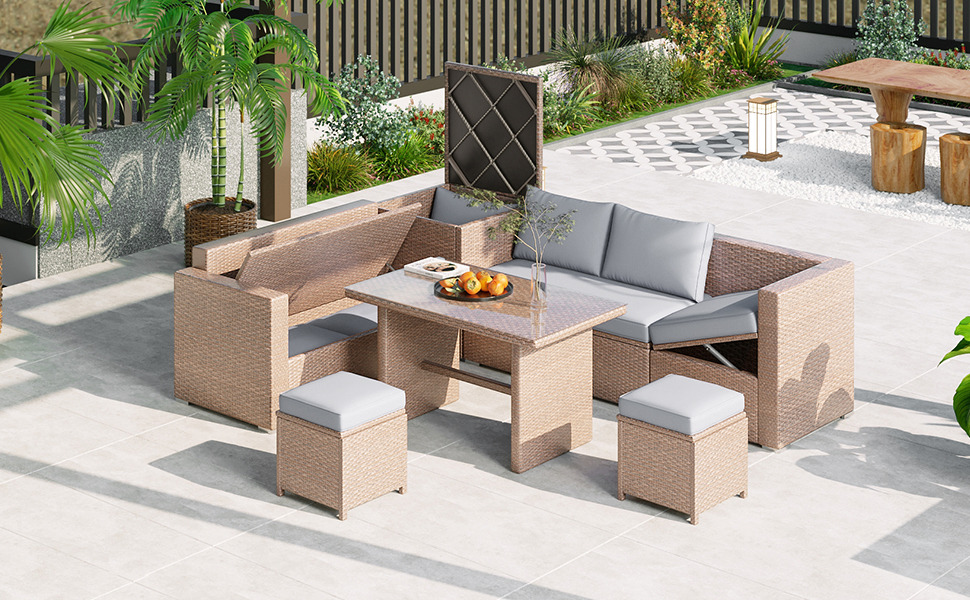TOPMAX Outdoor 6-Piece All Weather PE Rattan Sofa Set, Garden Patio Wicker Sectional Furniture Set with Adjustable Seat, Storage Box, Removable Covers and Tempered Glass Top Table, Light Grey - Image 2