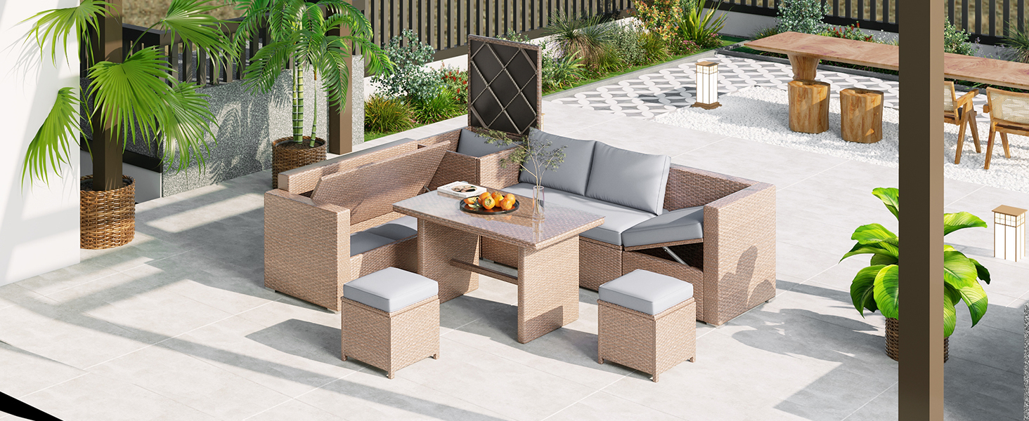 TOPMAX Outdoor 6-Piece All Weather PE Rattan Sofa Set, Garden Patio Wicker Sectional Furniture Set with Adjustable Seat, Storage Box, Removable Covers and Tempered Glass Top Table, Light Grey - Image 3