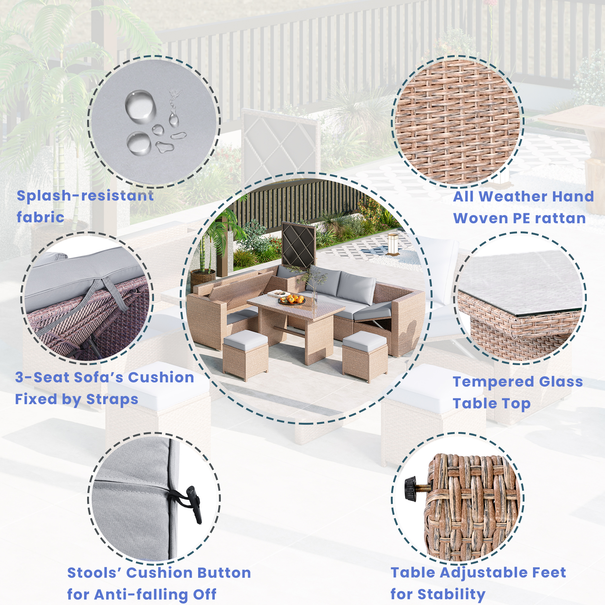 TOPMAX Outdoor 6-Piece All Weather PE Rattan Sofa Set, Garden Patio Wicker Sectional Furniture Set with Adjustable Seat, Storage Box, Removable Covers and Tempered Glass Top Table, Light Grey - Image 4
