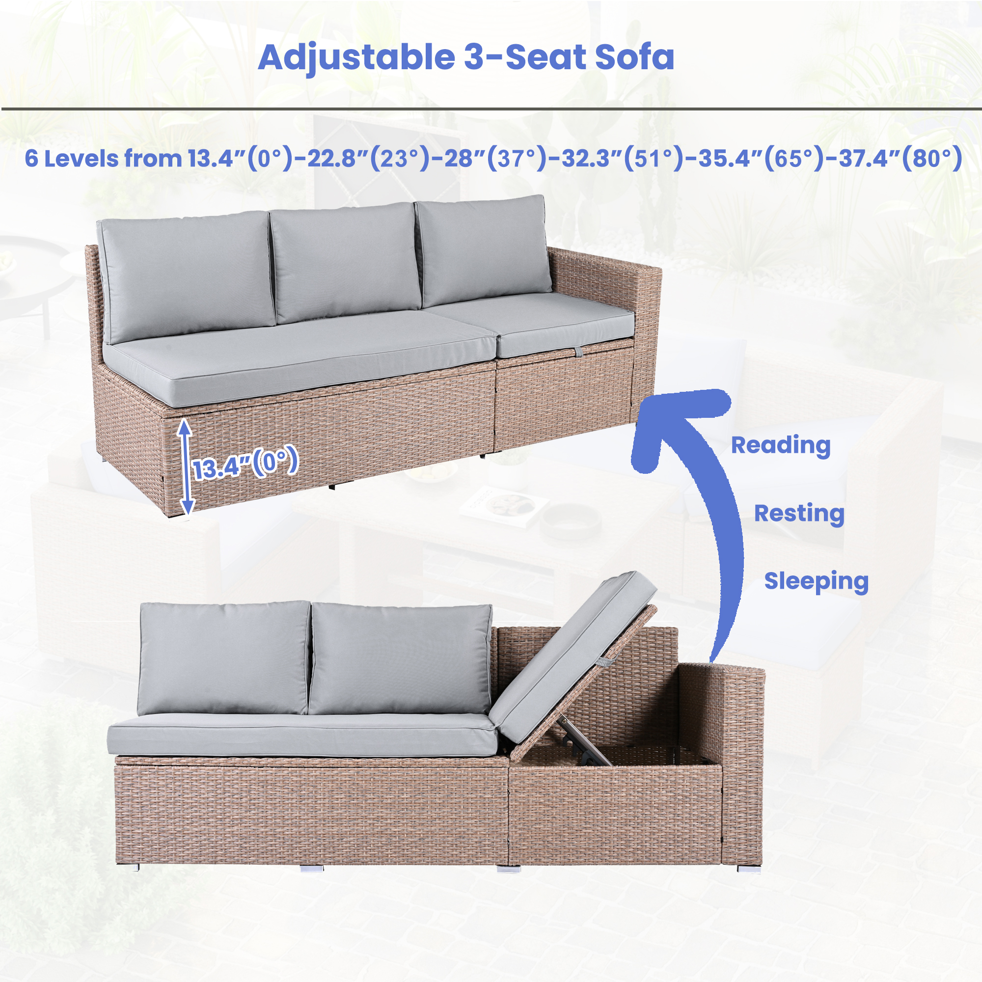 TOPMAX Outdoor 6-Piece All Weather PE Rattan Sofa Set, Garden Patio Wicker Sectional Furniture Set with Adjustable Seat, Storage Box, Removable Covers and Tempered Glass Top Table, Light Grey - Image 5