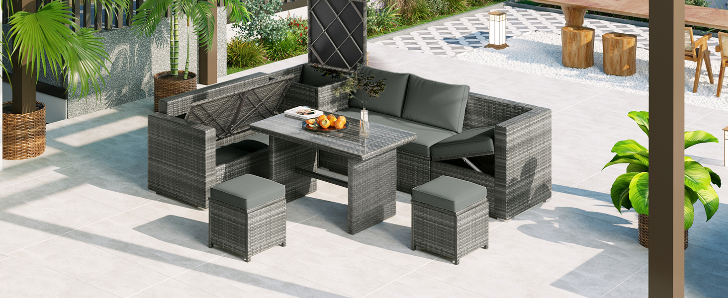 TOPMAX Outdoor 6-Piece All Weather PE Rattan Sofa Set, Garden Patio Wicker Sectional Furniture Set with Adjustable Seat, Storage Box, Removable Covers and Tempered Glass Top Table,Grey - Image 2
