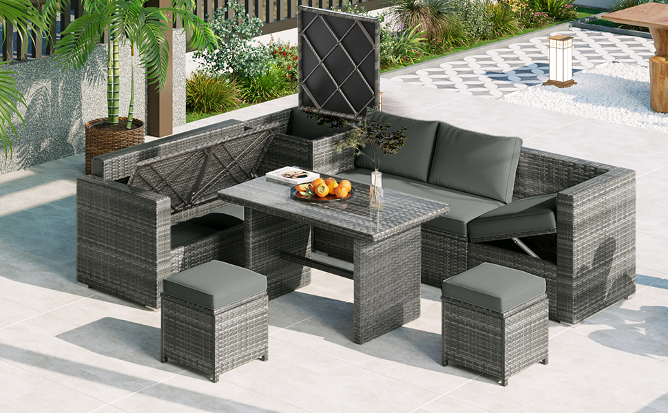 TOPMAX Outdoor 6-Piece All Weather PE Rattan Sofa Set, Garden Patio Wicker Sectional Furniture Set with Adjustable Seat, Storage Box, Removable Covers and Tempered Glass Top Table,Grey - Image 3