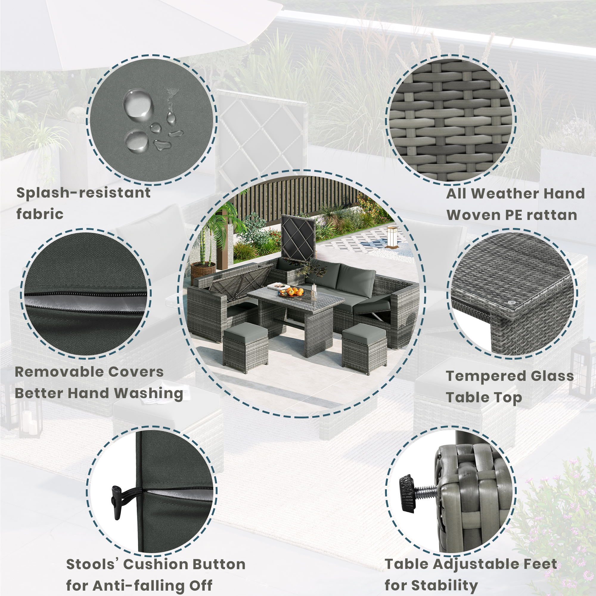 TOPMAX Outdoor 6-Piece All Weather PE Rattan Sofa Set, Garden Patio Wicker Sectional Furniture Set with Adjustable Seat, Storage Box, Removable Covers and Tempered Glass Top Table,Grey - Image 4