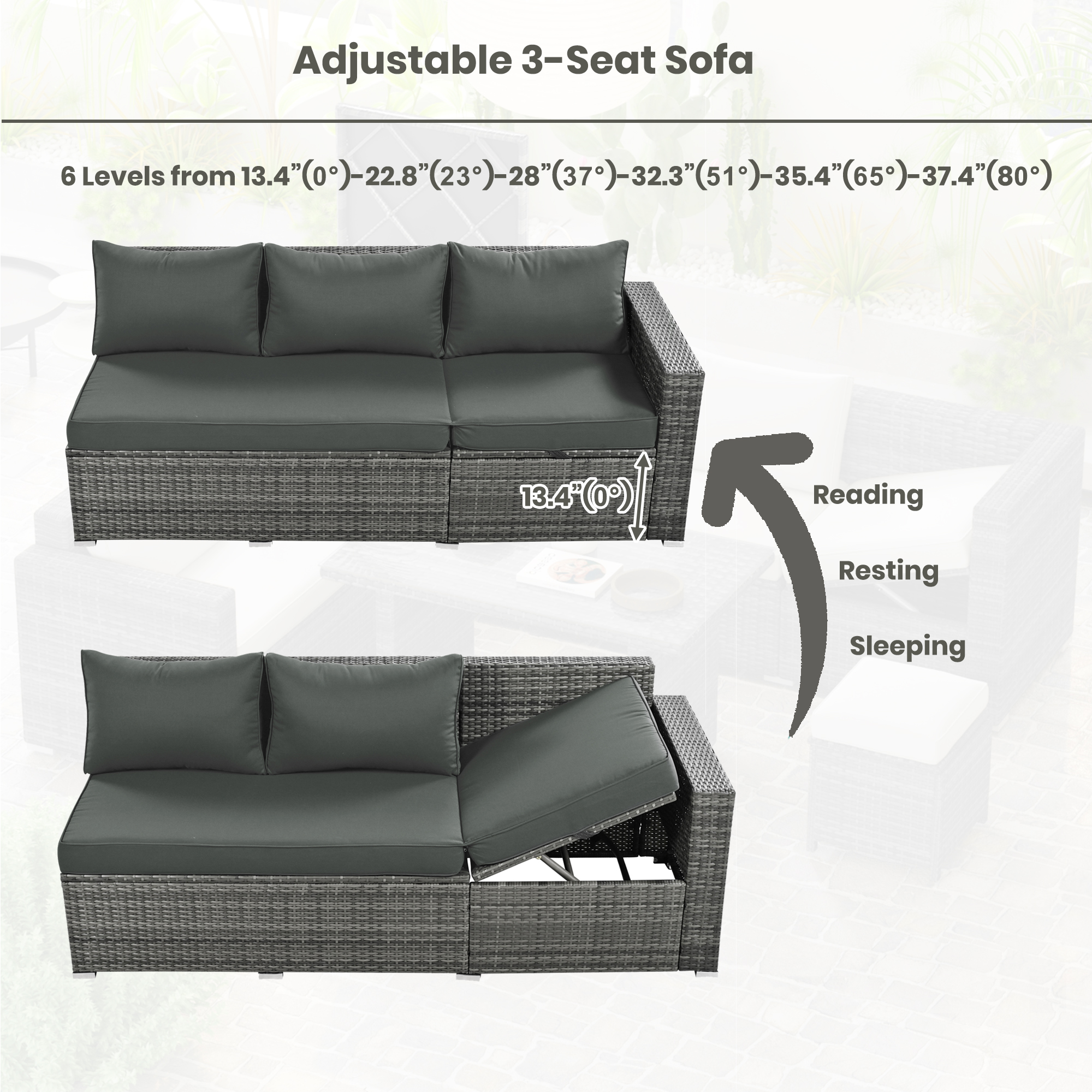 TOPMAX Outdoor 6-Piece All Weather PE Rattan Sofa Set, Garden Patio Wicker Sectional Furniture Set with Adjustable Seat, Storage Box, Removable Covers and Tempered Glass Top Table,Grey - Image 5