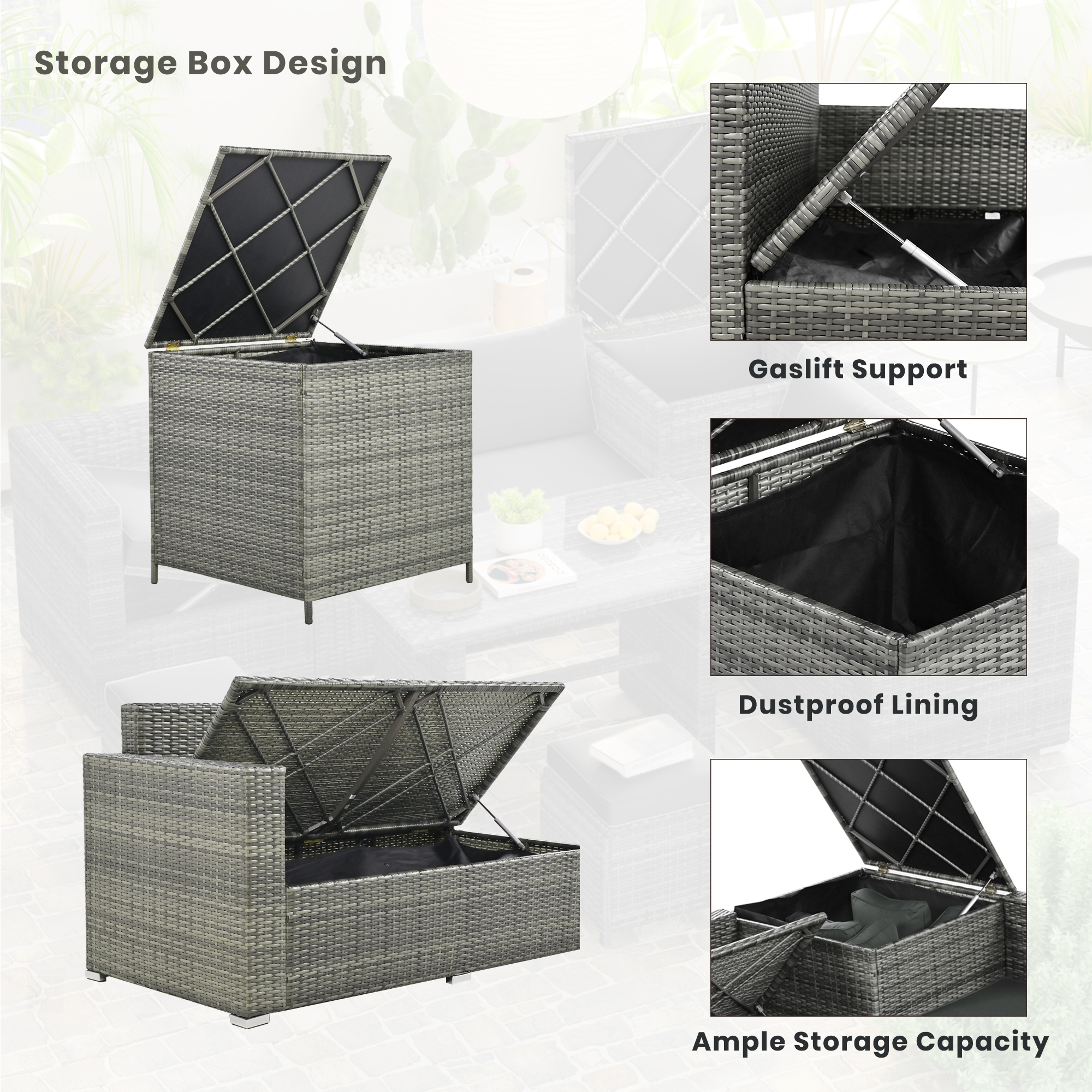 TOPMAX Outdoor 6-Piece All Weather PE Rattan Sofa Set, Garden Patio Wicker Sectional Furniture Set with Adjustable Seat, Storage Box, Removable Covers and Tempered Glass Top Table,Grey - Image 6