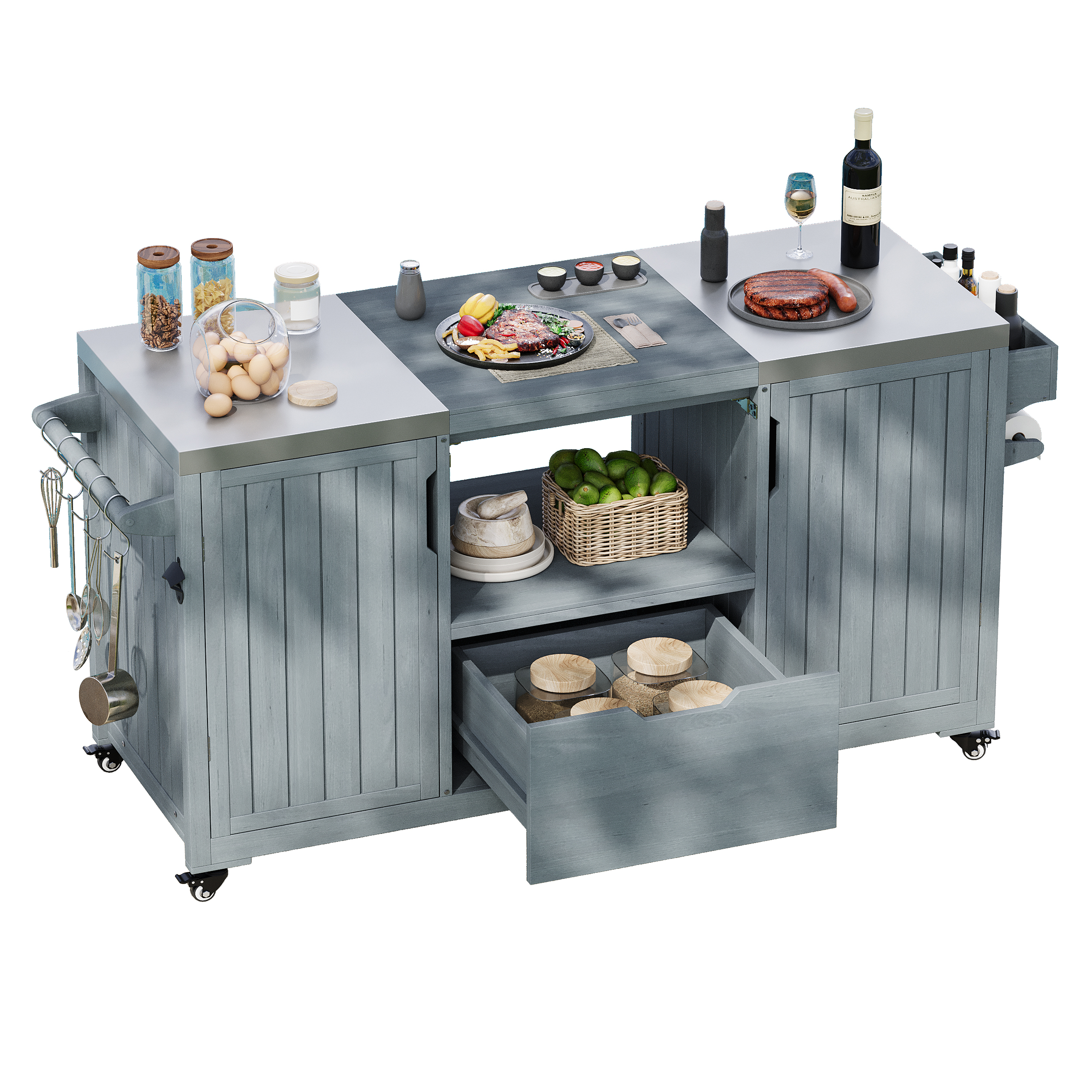 K&K 66.5" Outdoor Kitchen Island for Big Green Egg Grills, Solid Wood Outdoor Grill Cart for Tabletop Grill with Stainless Steel Top, Drawer, Compatible with Large Big Green Egg, Kamado Joe- Grey Blue - Image 2