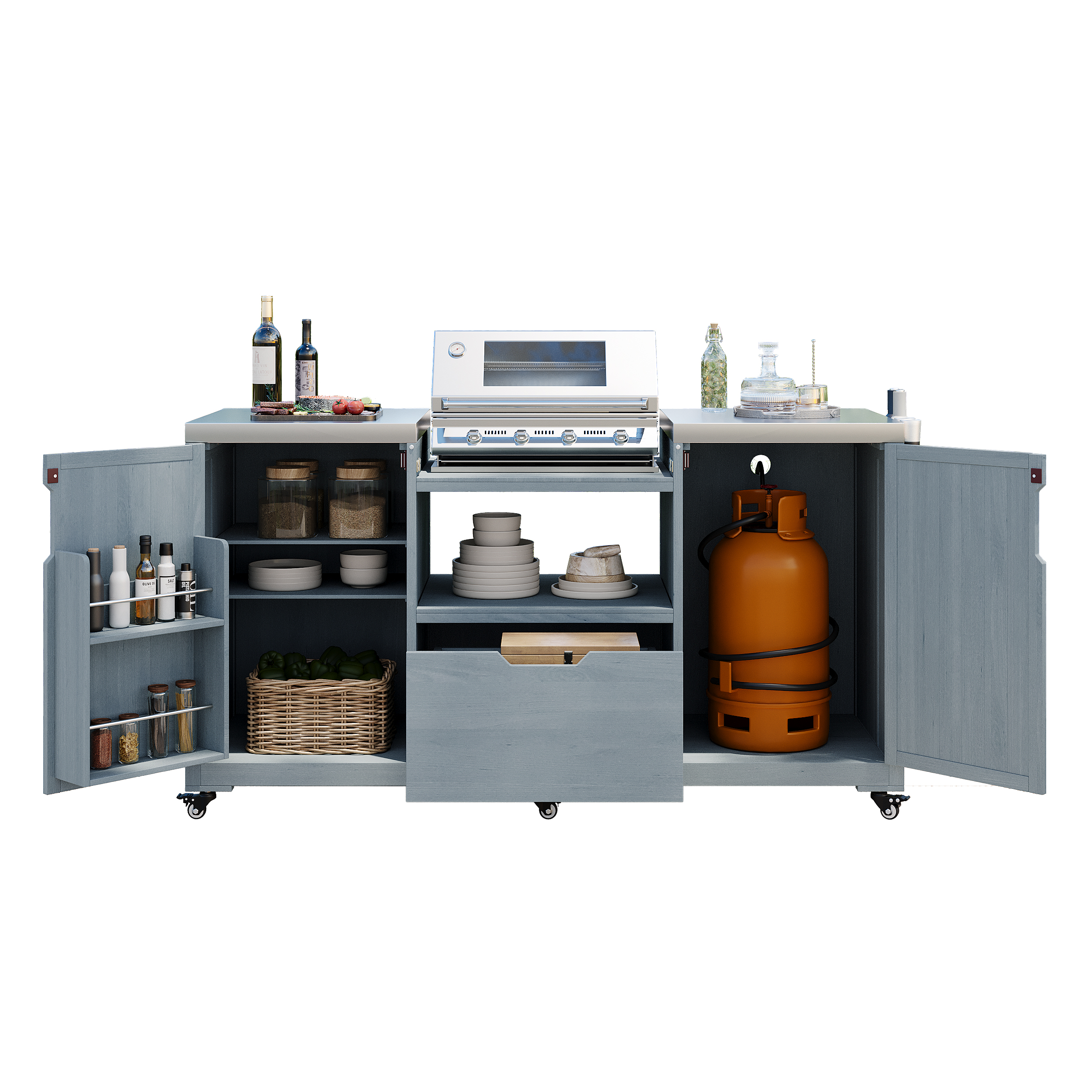 K&K 66.5" Outdoor Kitchen Island for Big Green Egg Grills, Solid Wood Outdoor Grill Cart for Tabletop Grill with Stainless Steel Top, Drawer, Compatible with Large Big Green Egg, Kamado Joe- Grey Blue - Image 4
