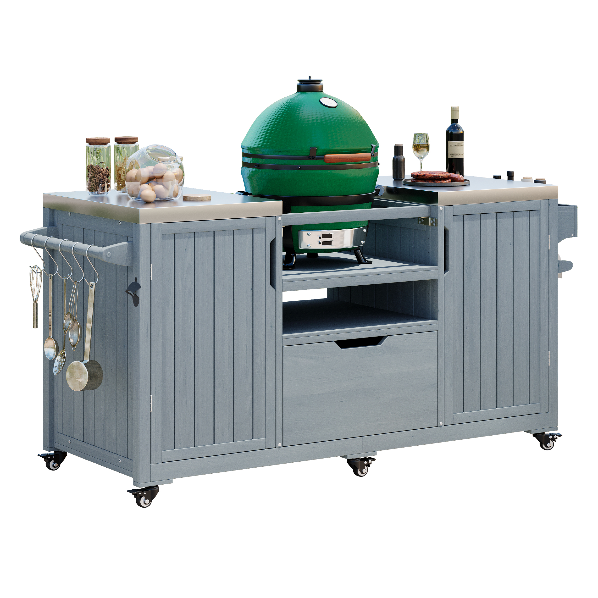 K&K 66.5" Outdoor Kitchen Island for Big Green Egg Grills, Solid Wood Outdoor Grill Cart for Tabletop Grill with Stainless Steel Top, Drawer, Compatible with Large Big Green Egg, Kamado Joe- Grey Blue - Image 3