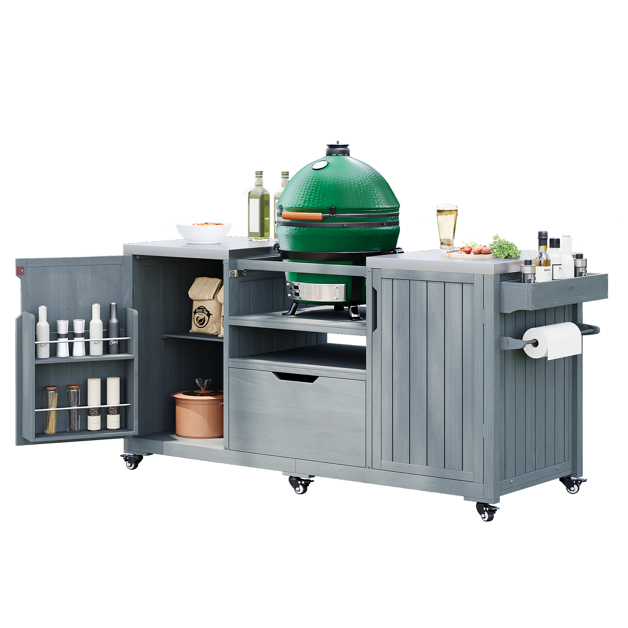 K&K 66.5" Outdoor Kitchen Island for Big Green Egg Grills, Solid Wood Outdoor Grill Cart for Tabletop Grill with Stainless Steel Top, Drawer, Compatible with Large Big Green Egg, Kamado Joe- Grey Blue - Image 5