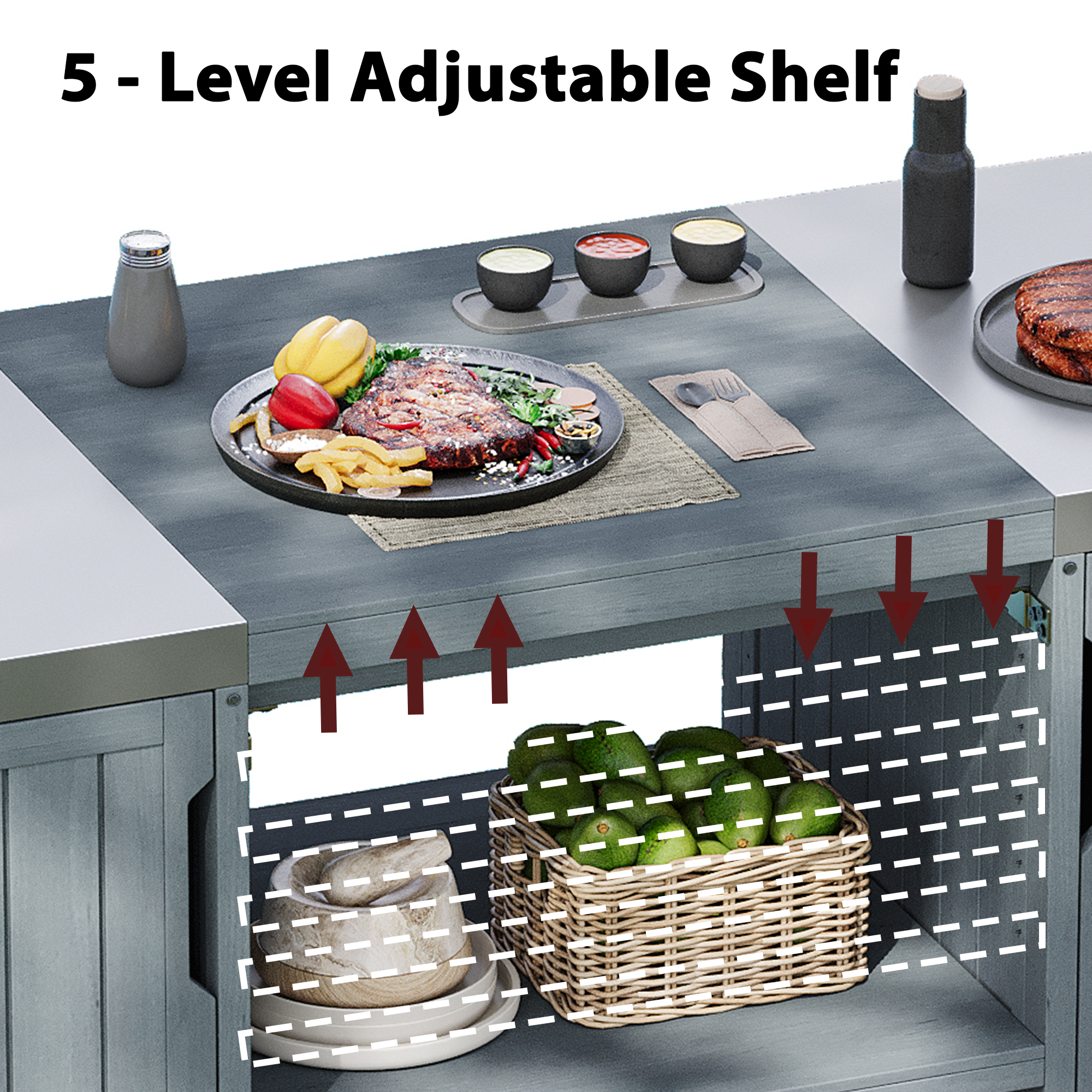 K&K 66.5" Outdoor Kitchen Island for Big Green Egg Grills, Solid Wood Outdoor Grill Cart for Tabletop Grill with Stainless Steel Top, Drawer, Compatible with Large Big Green Egg, Kamado Joe- Grey Blue - Image 6