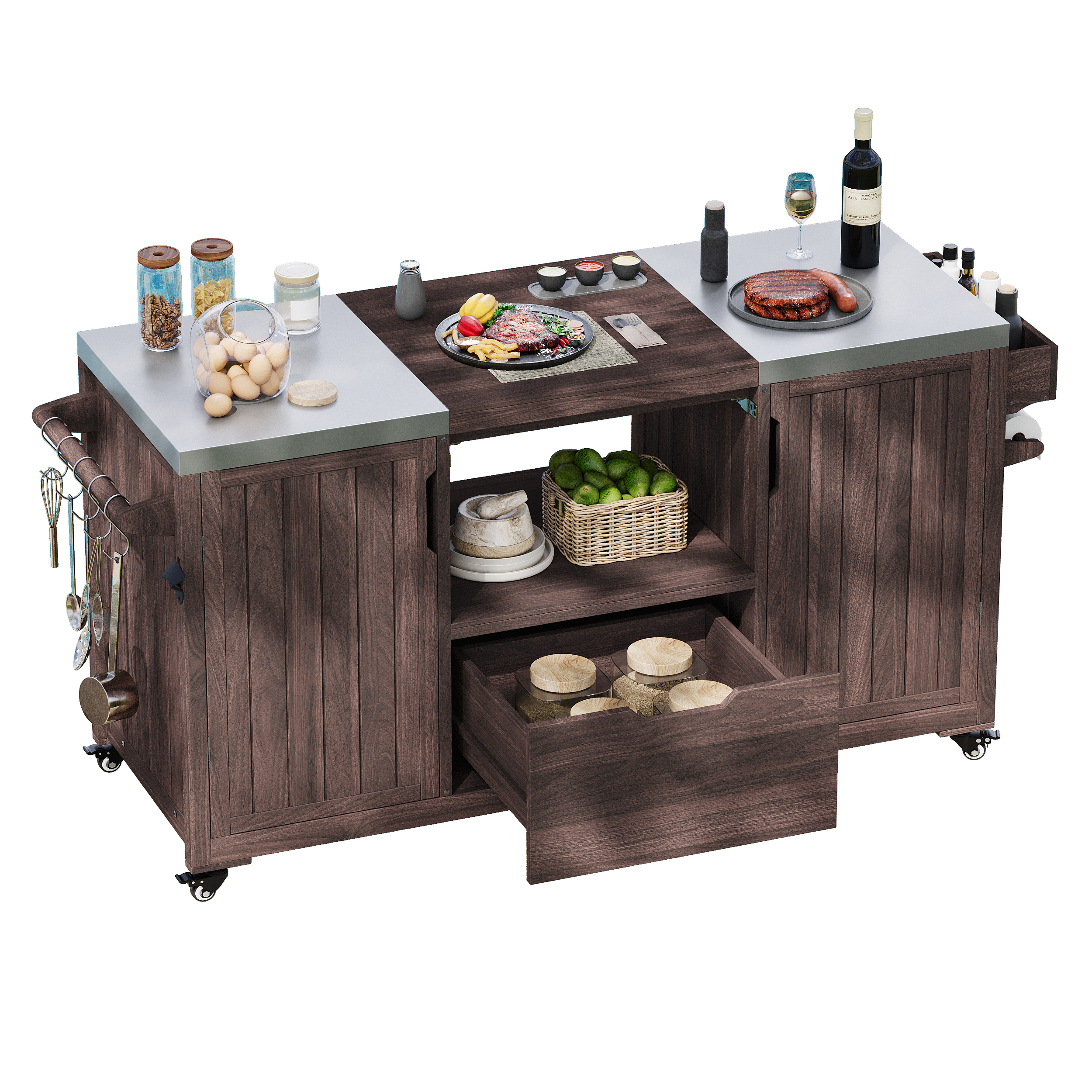 K&K 66.5" Outdoor Kitchen Island for Big Green Egg Grills, Solid Wood Outdoor Grill Cart for Tabletop Grill with Stainless Steel Top, Drawer, Compatible with Large Big Green Egg, Kamado Joe-Dark Brown - Image 2