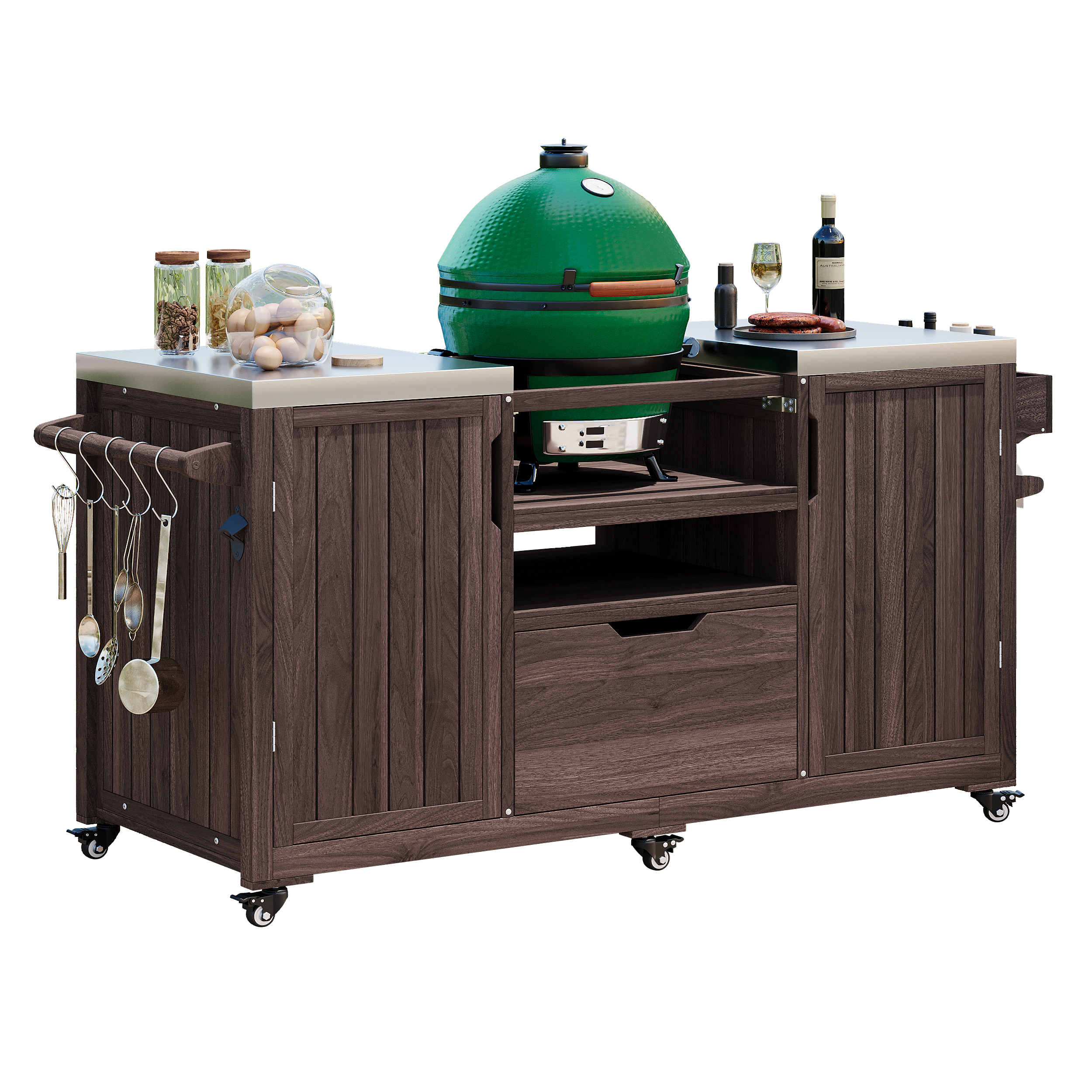 K&K 66.5" Outdoor Kitchen Island for Big Green Egg Grills, Solid Wood Outdoor Grill Cart for Tabletop Grill with Stainless Steel Top, Drawer, Compatible with Large Big Green Egg, Kamado Joe-Dark Brown - Image 3