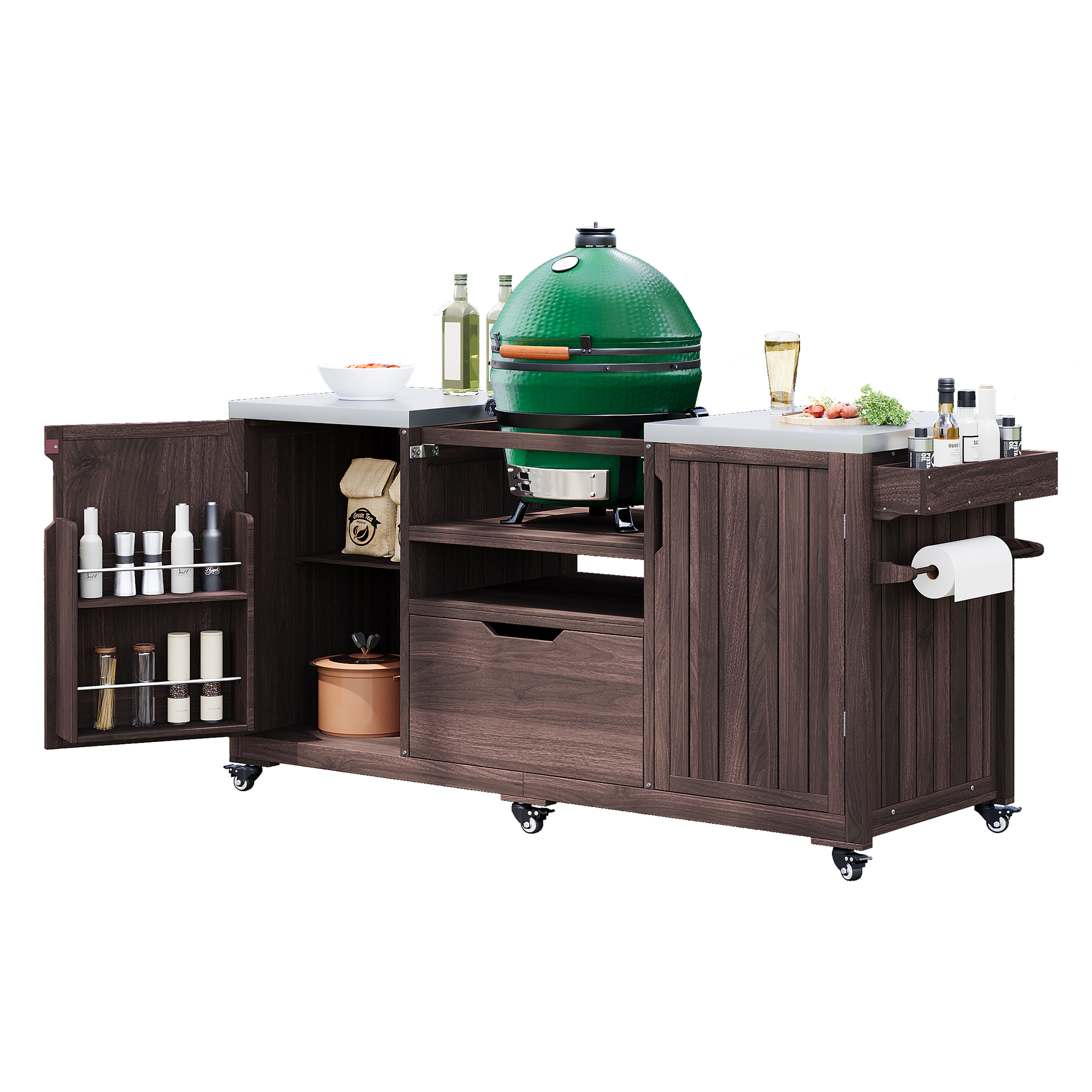 K&K 66.5" Outdoor Kitchen Island for Big Green Egg Grills, Solid Wood Outdoor Grill Cart for Tabletop Grill with Stainless Steel Top, Drawer, Compatible with Large Big Green Egg, Kamado Joe-Dark Brown - Image 5