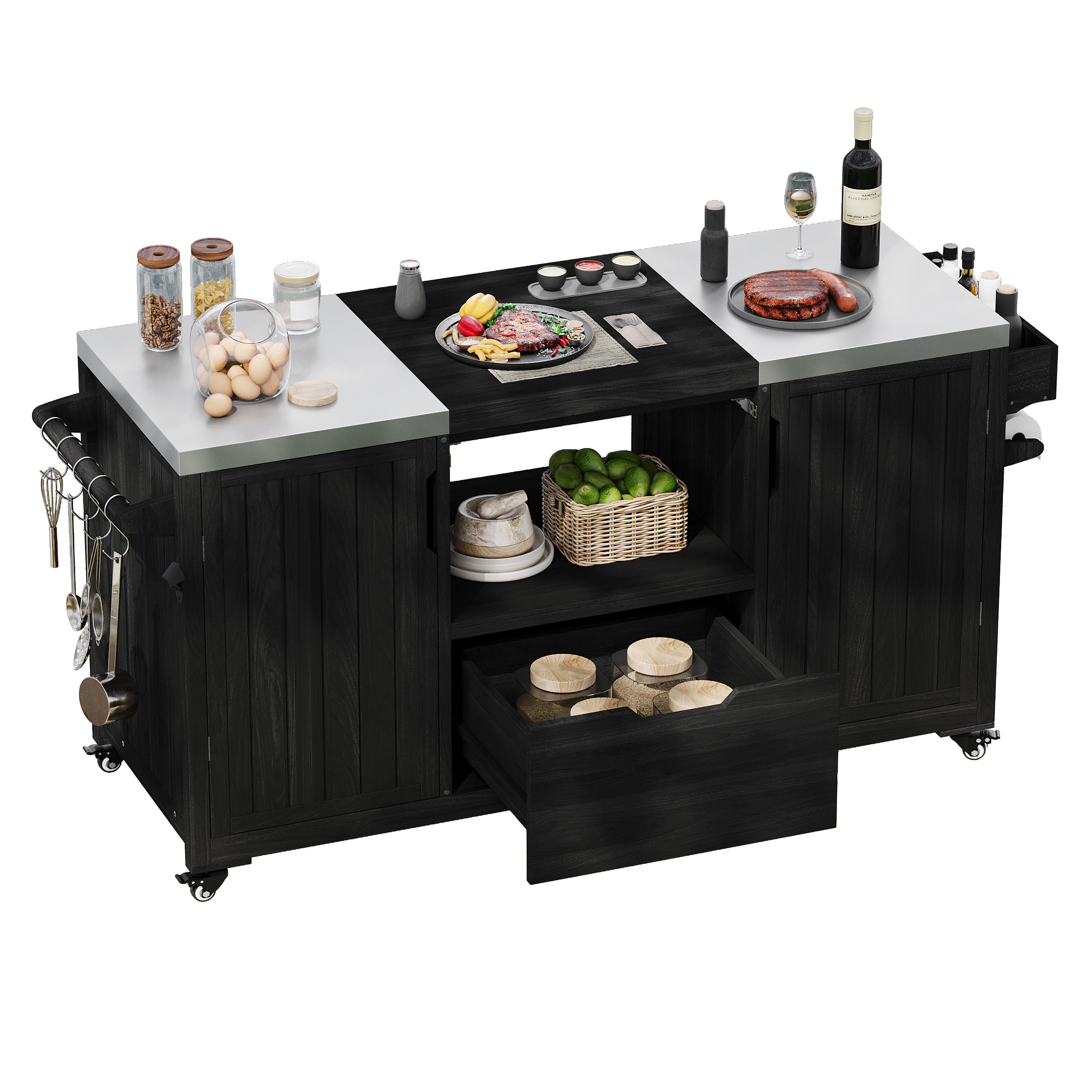 K&K 66.5" Outdoor Kitchen Island for Big Green Egg Grills, Solid Wood Outdoor Grill Cart for Tabletop Grill with Stainless Steel Top, Drawer, Compatible with Large Big Green Egg, Kamado Joe- Black - Image 3