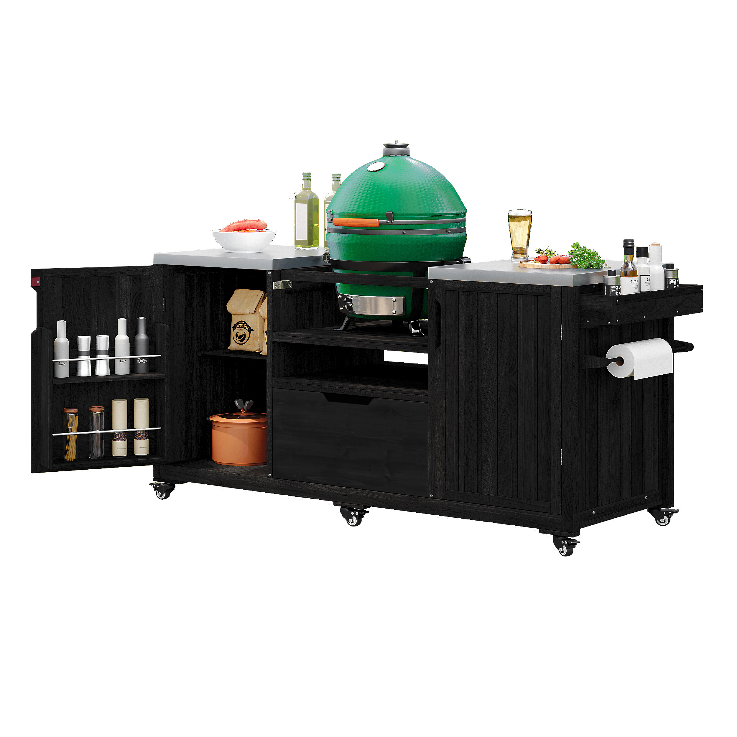 K&K 66.5" Outdoor Kitchen Island for Big Green Egg Grills, Solid Wood Outdoor Grill Cart for Tabletop Grill with Stainless Steel Top, Drawer, Compatible with Large Big Green Egg, Kamado Joe- Black - Image 4