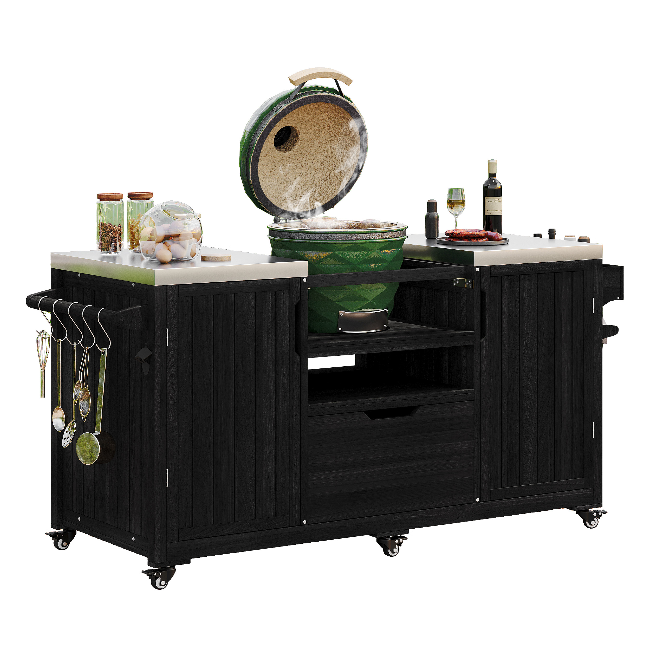 K&K 66.5" Outdoor Kitchen Island for Big Green Egg Grills, Solid Wood Outdoor Grill Cart for Tabletop Grill with Stainless Steel Top, Drawer, Compatible with Large Big Green Egg, Kamado Joe- Black - Image 6
