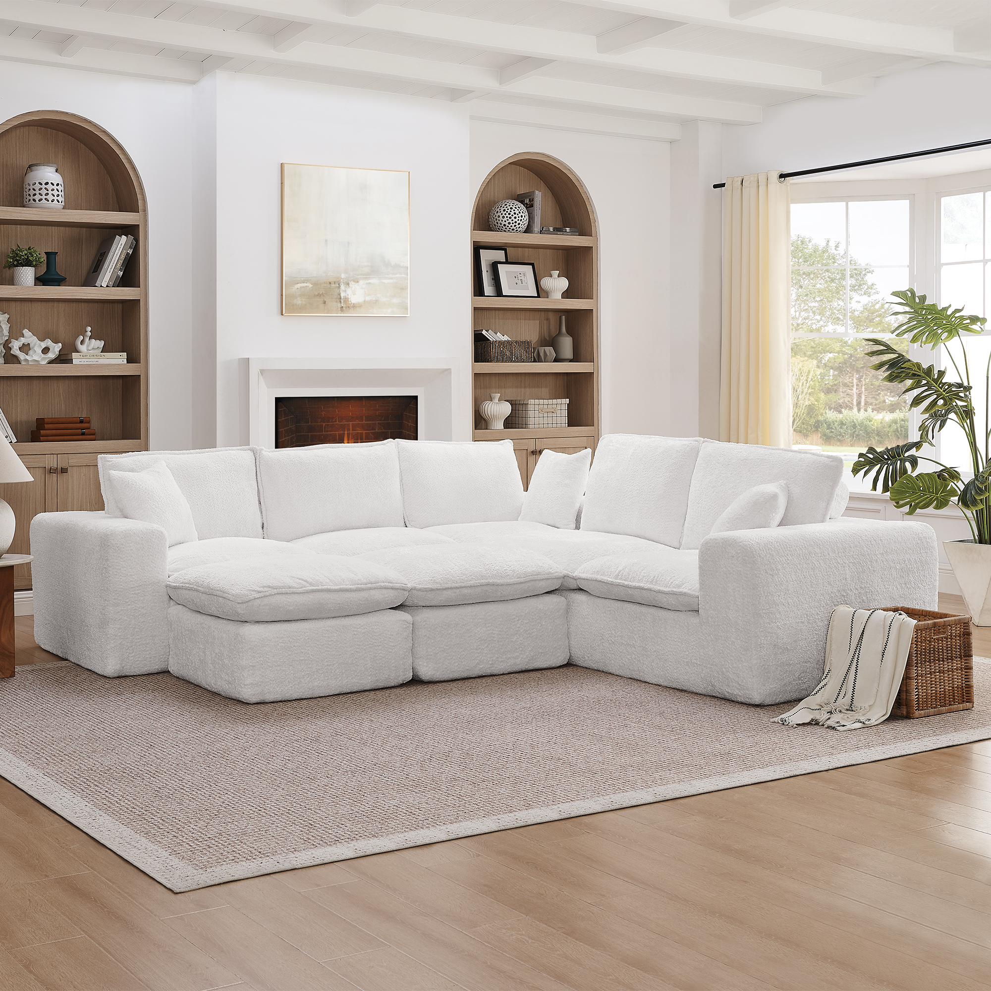 107'' Modern Boucle L-shaped Sectional Sofa with Two Moveable Ottomans for Living Room, Comfy Cloud Couch with Pillows, DIY Combination - Image 2