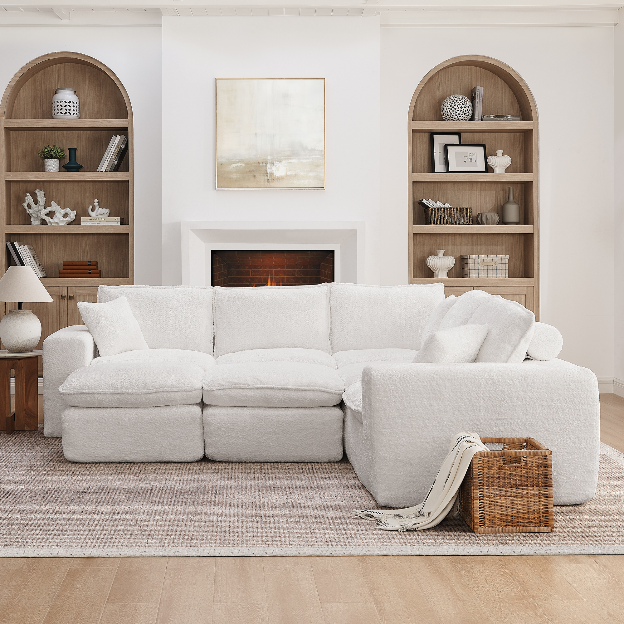 107'' Modern Boucle L-shaped Sectional Sofa with Two Moveable Ottomans for Living Room, Comfy Cloud Couch with Pillows, DIY Combination - Image 3