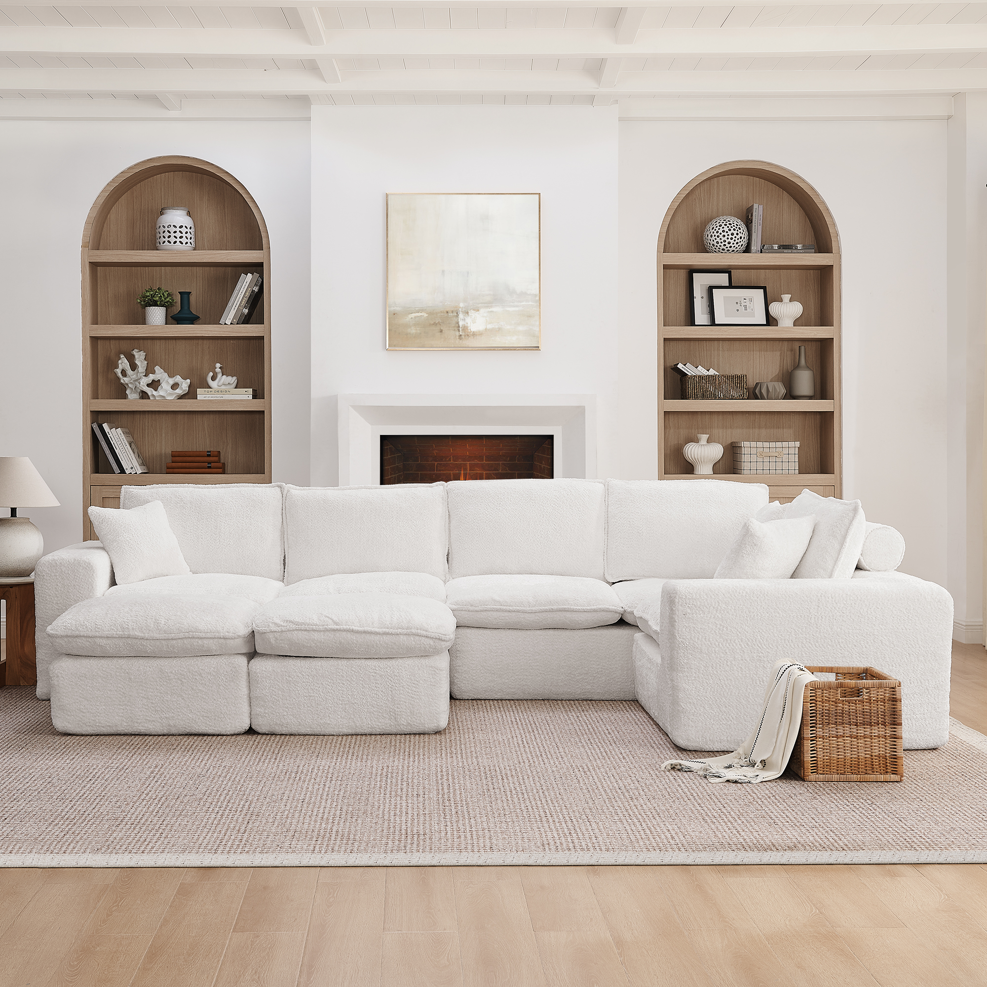 107'' Modern Boucle L-shaped Sectional Sofa with Two Moveable Ottomans for Living Room, Comfy Cloud Couch with Pillows, DIY Combination - Image 4
