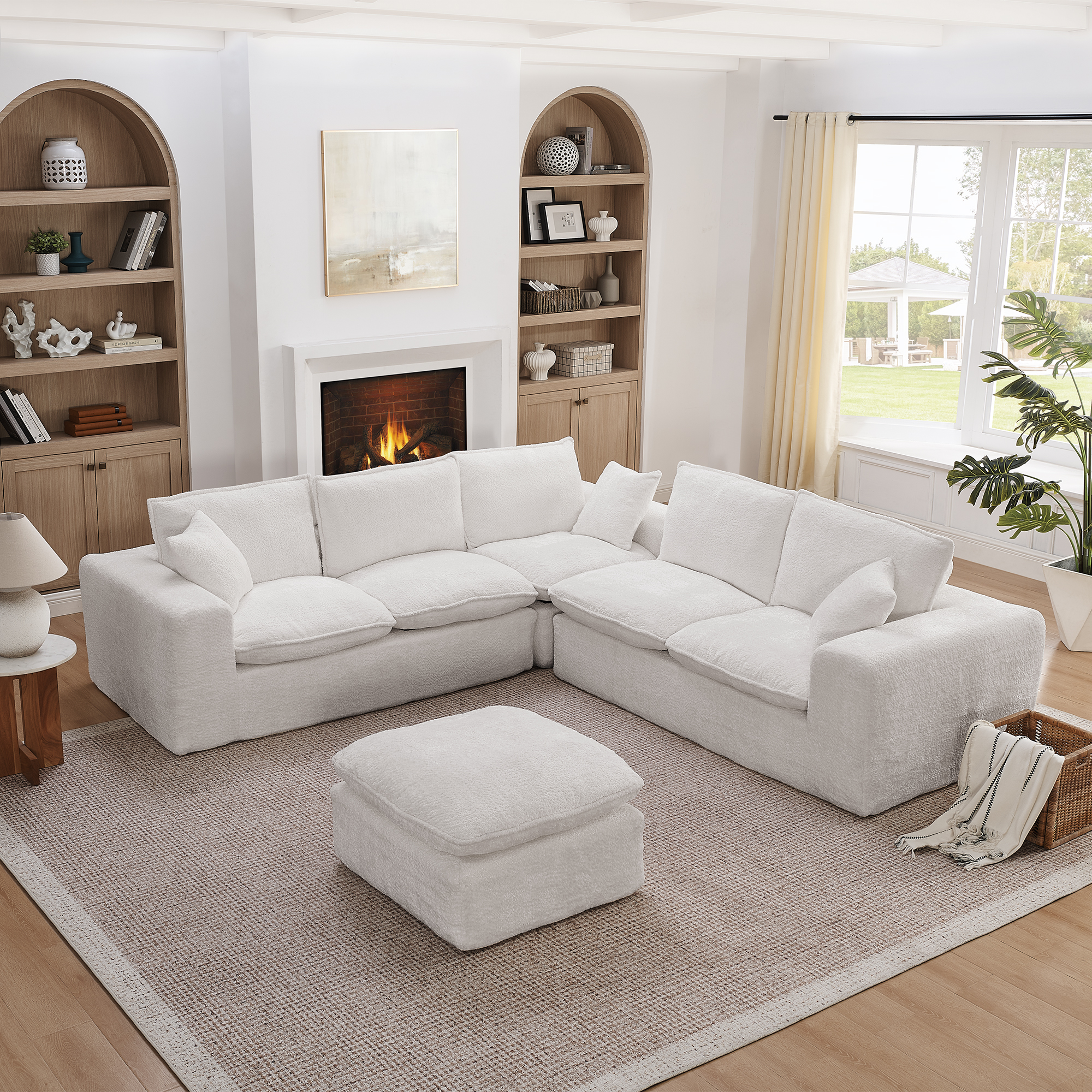107'' Modern Boucle L-shaped Sectional Sofa with Moveable Ottoman for Living Room, Comfy Cloud Couch with Pillows, DIY Combination - Image 2