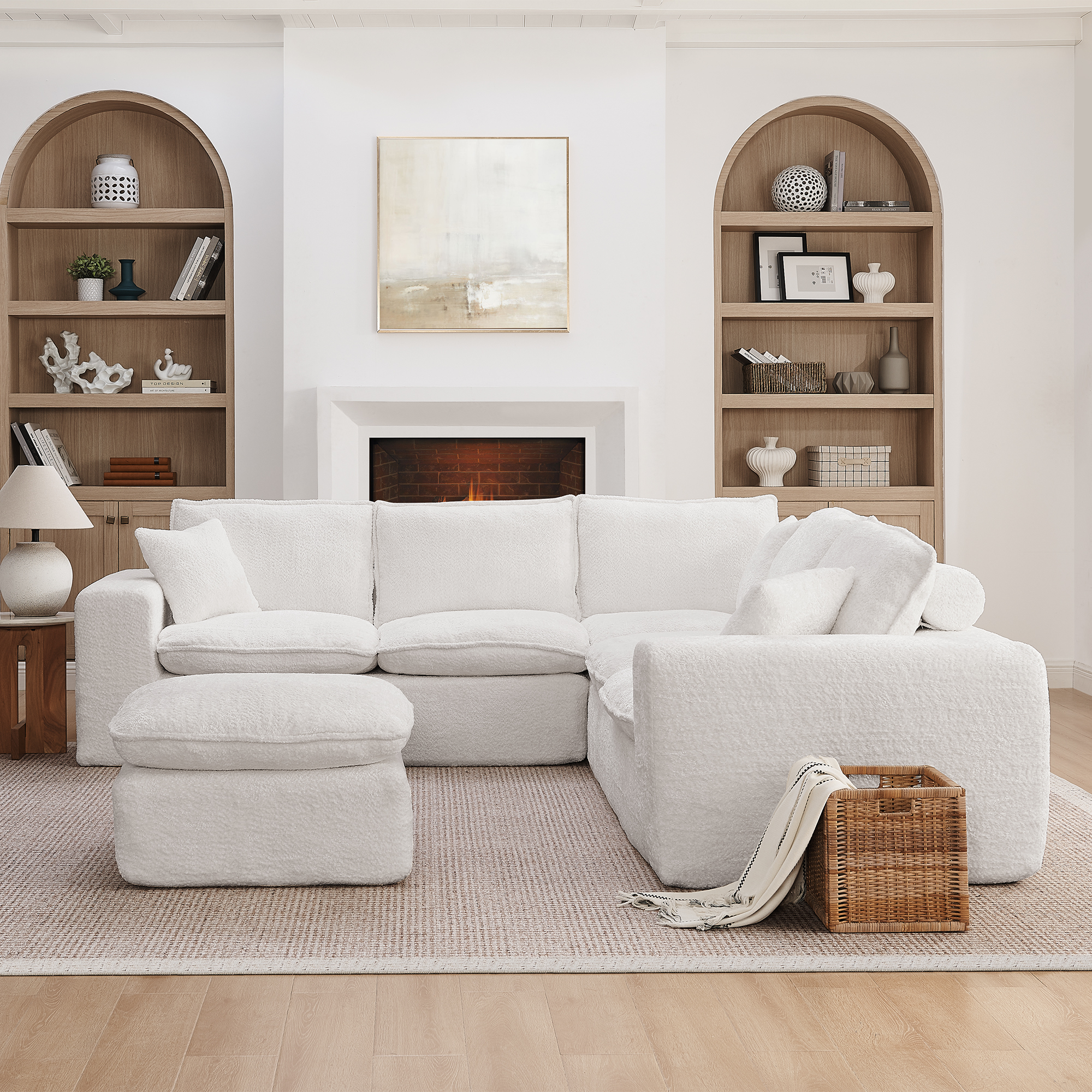 107'' Modern Boucle L-shaped Sectional Sofa with Moveable Ottoman for Living Room, Comfy Cloud Couch with Pillows, DIY Combination - Image 3