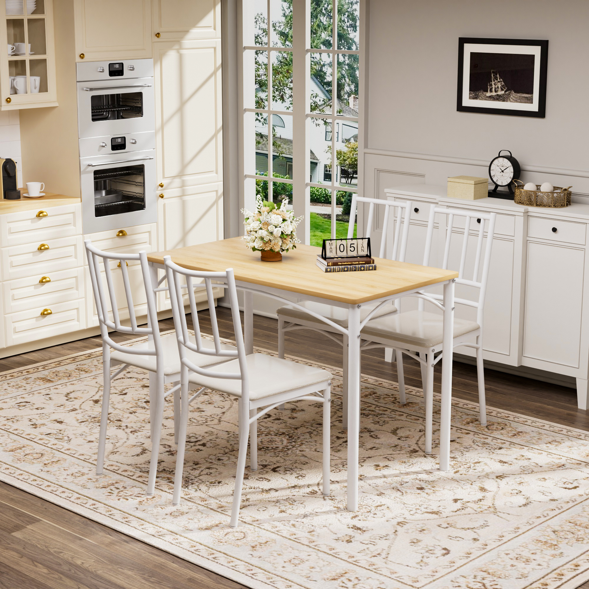 Dining Table Set, Bar Table with 4 Dining Benches, Kitchen Table Counter with Chairs, Industrial for Kitchen Breakfast Table, Living Room, Party Room, Natural and White, 43.3″L x23.6″W x 30.1″H - Image 2