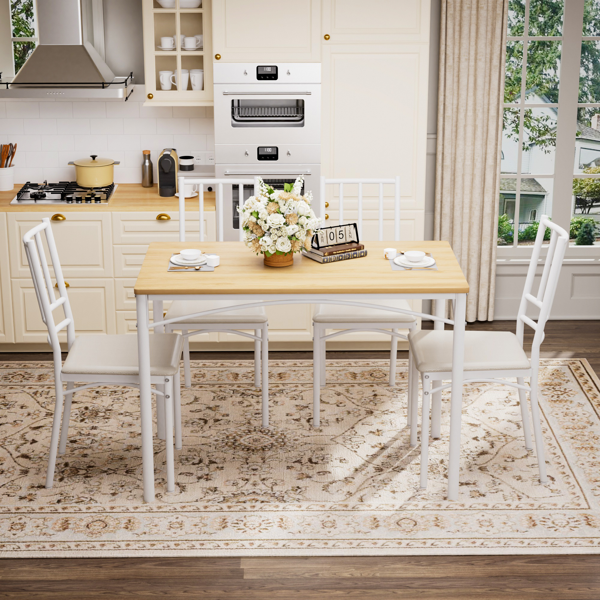 Dining Table Set, Bar Table with 4 Dining Benches, Kitchen Table Counter with Chairs, Industrial for Kitchen Breakfast Table, Living Room, Party Room, Natural and White, 43.3″L x23.6″W x 30.1″H - Image 3
