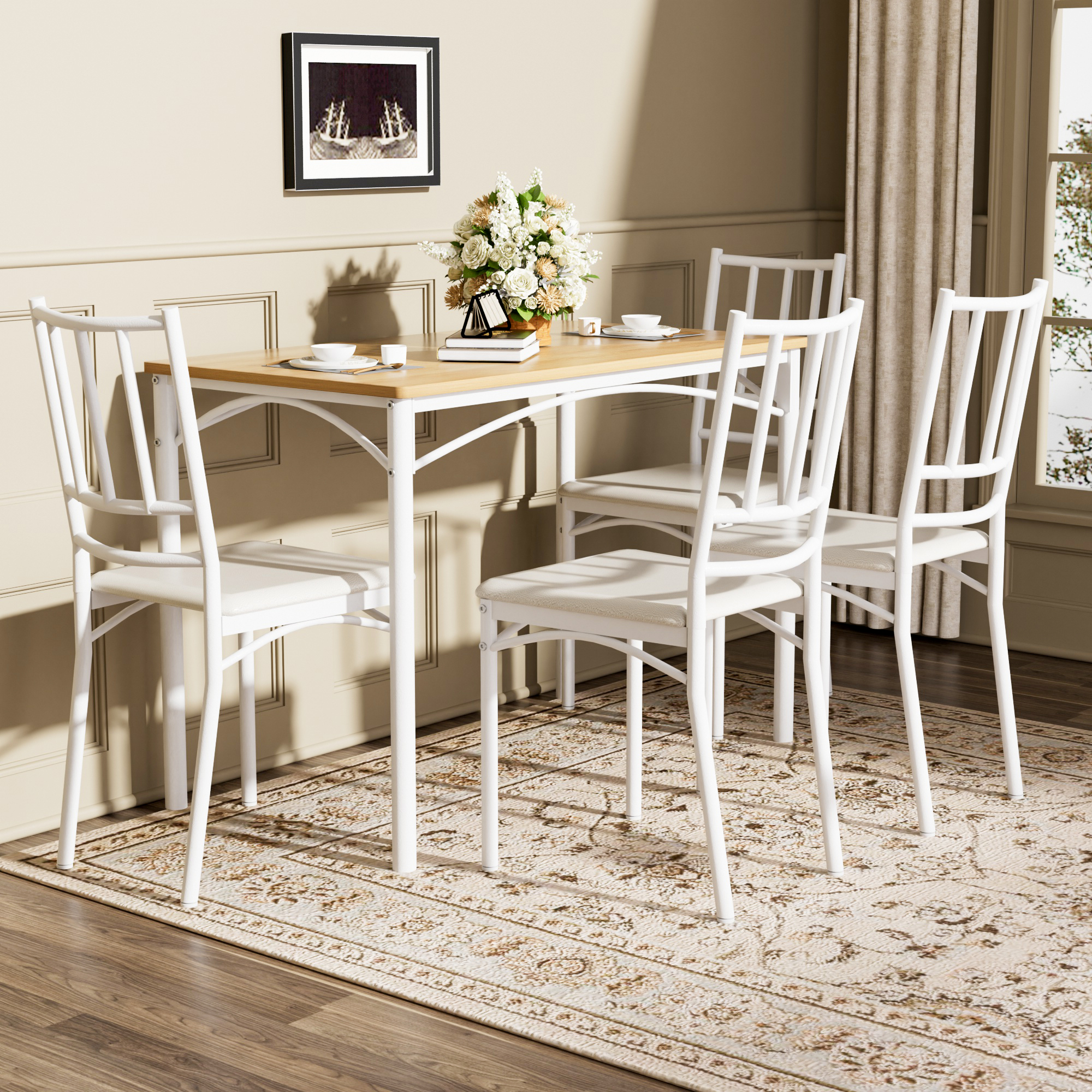 Dining Table Set, Bar Table with 4 Dining Benches, Kitchen Table Counter with Chairs, Industrial for Kitchen Breakfast Table, Living Room, Party Room, Natural and White, 43.3″L x23.6″W x 30.1″H - Image 4