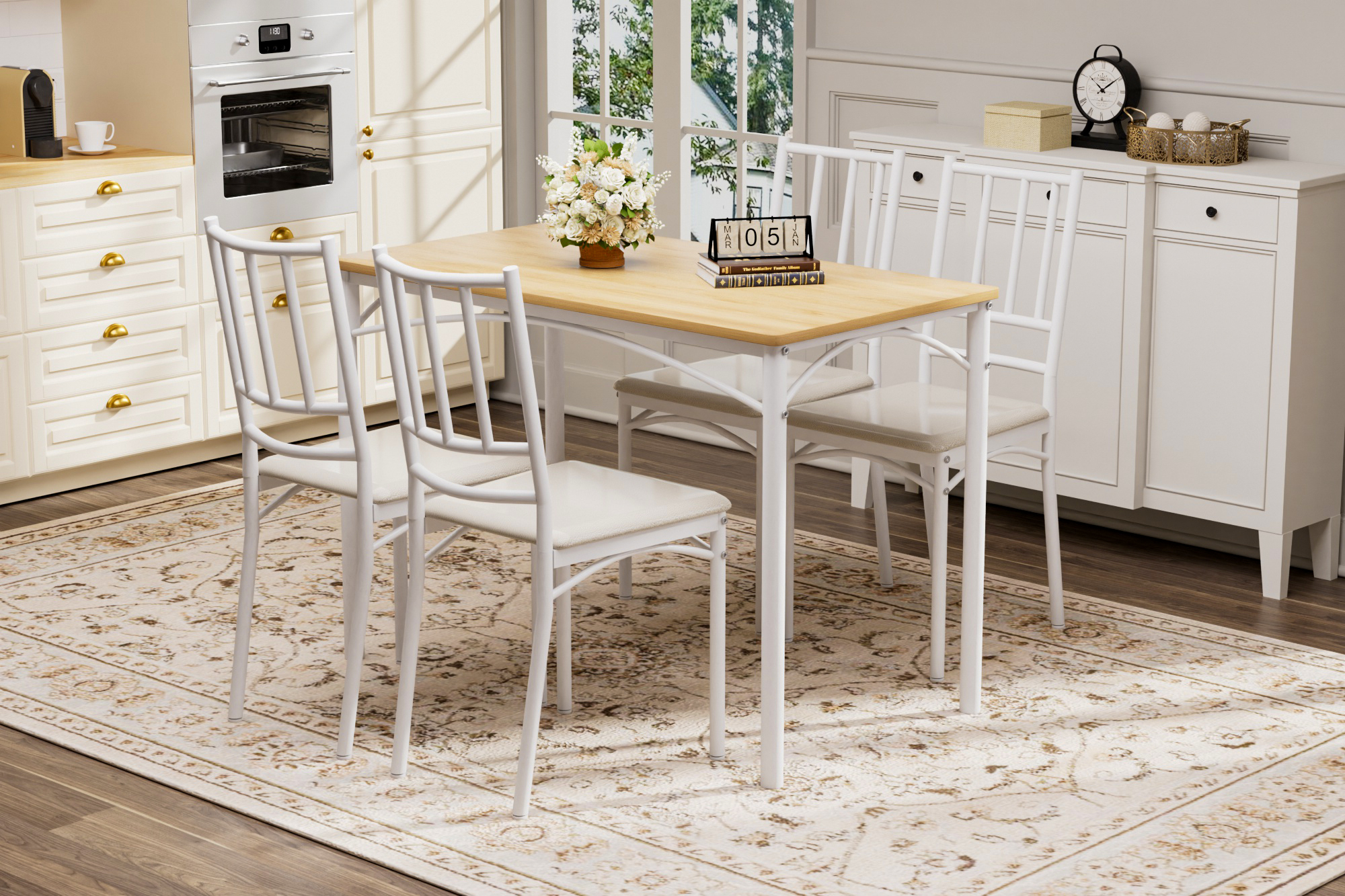 Dining Table Set, Bar Table with 4 Dining Benches, Kitchen Table Counter with Chairs, Industrial for Kitchen Breakfast Table, Living Room, Party Room, Natural and White, 43.3″L x23.6″W x 30.1″H - Image 5