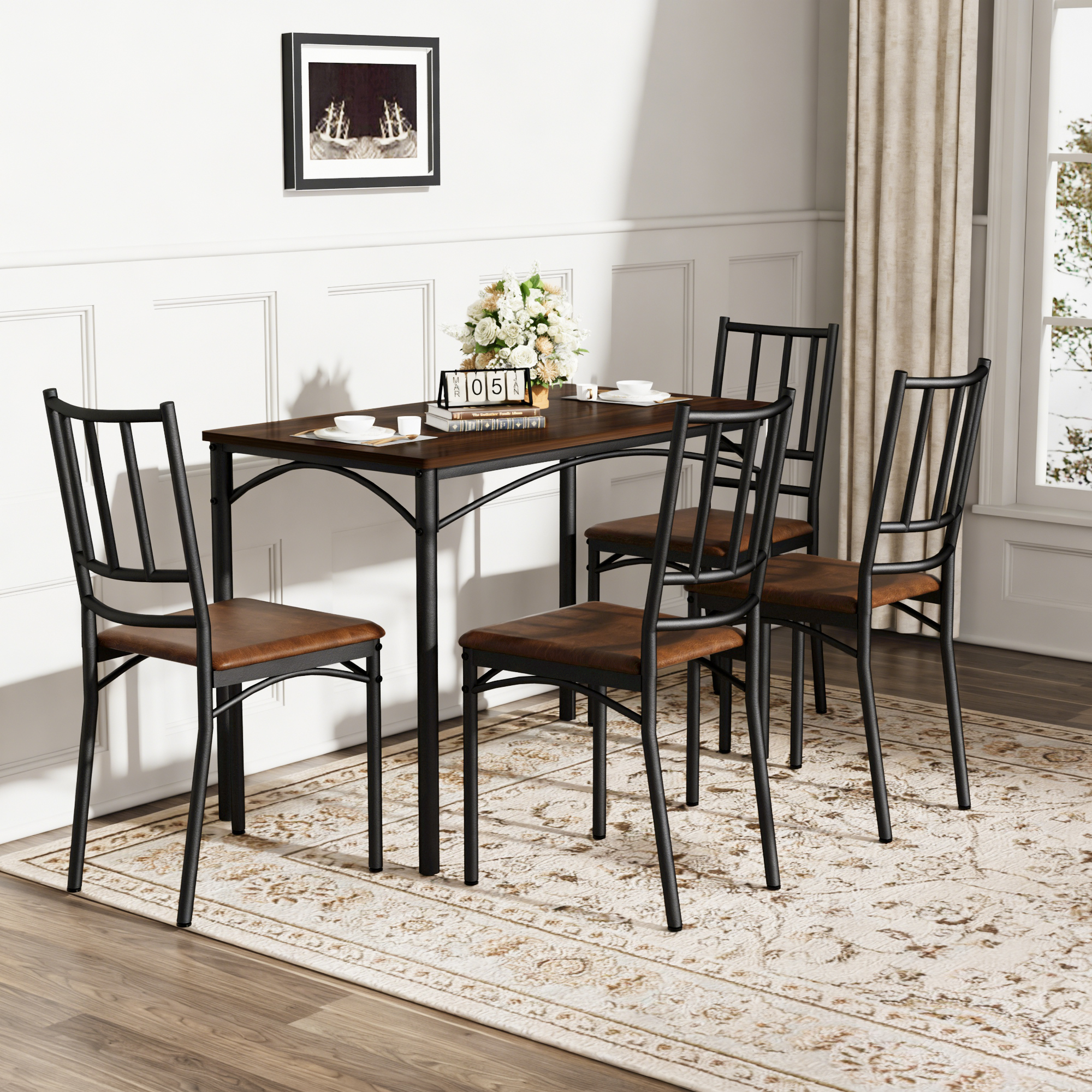 Dining Table Set, Bar Table with 4 Dining Benches, Kitchen Table Counter with Chairs, Industrial for Kitchen Breakfast Table, Living Room, Party Room, Walnut, 43.3″L x23.6″W x 30.1″H - Image 2