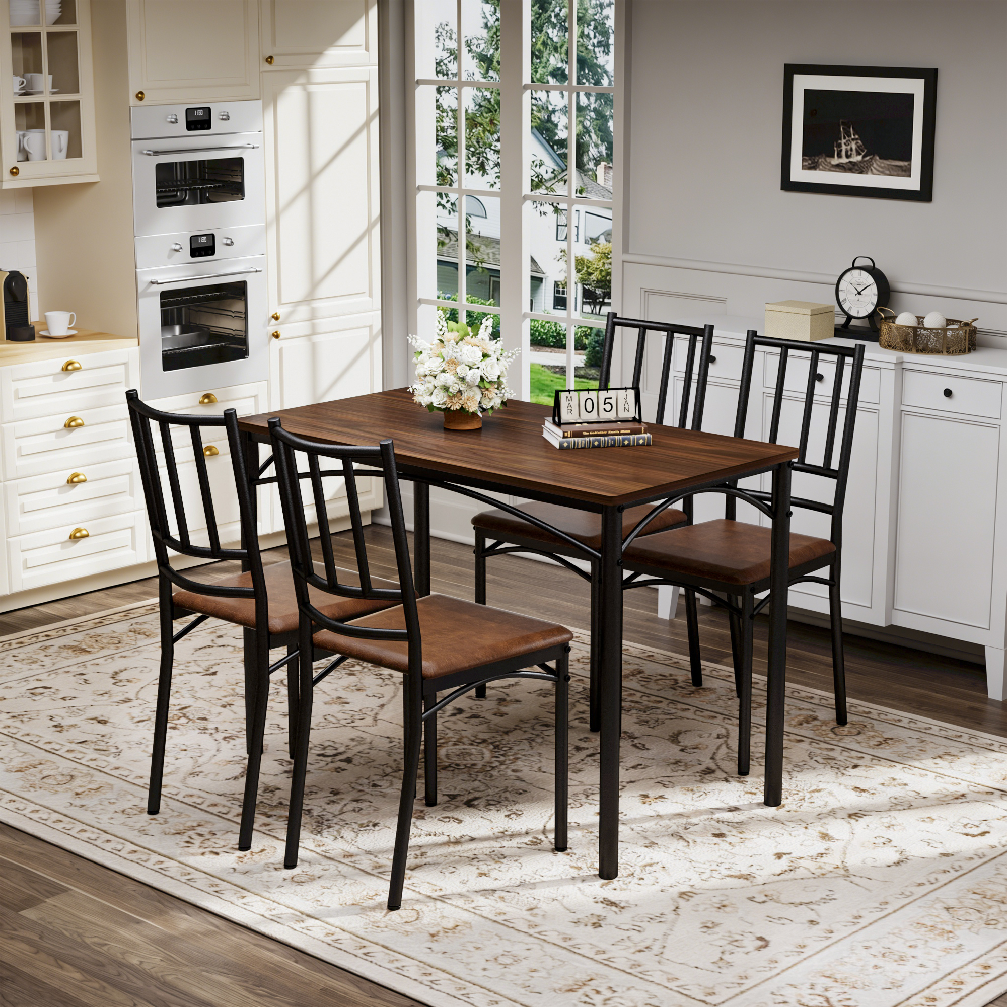 Dining Table Set, Bar Table with 4 Dining Benches, Kitchen Table Counter with Chairs, Industrial for Kitchen Breakfast Table, Living Room, Party Room, Walnut, 43.3″L x23.6″W x 30.1″H - Image 3
